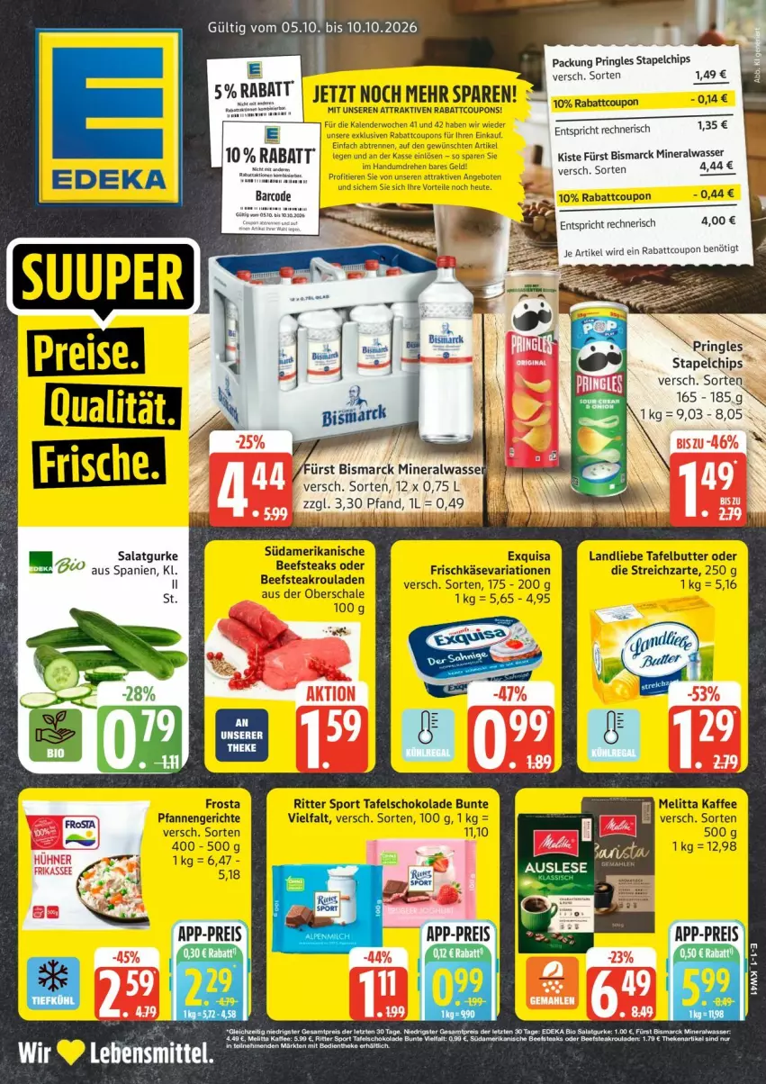 Aktueller Prospekt Edeka - Prospekte - von 05.10 bis 10.10.2026 - strona 1 - produkty: Alwa, bismarck, chips, coupon, gurke, melitta, mineralwasser, pringles, ring, ritter, salat, Salatgurke, tee, Ti, wasser