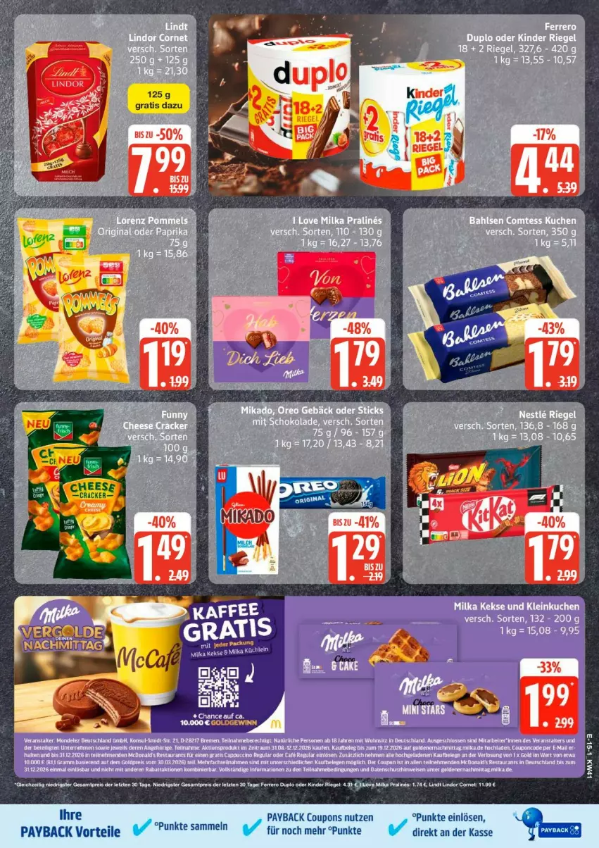 Aktueller Prospekt Edeka - Prospekte - von 05.10 bis 10.10.2026 - strona 18 - produkty: coupon, coupons, duplo, eis, ferrero, keks, kekse, Kinder, kinder riegel, kleid, kuchen, lindor, lindt, milka, payback, reis, riegel, tee, tesa, Ti, ZTE