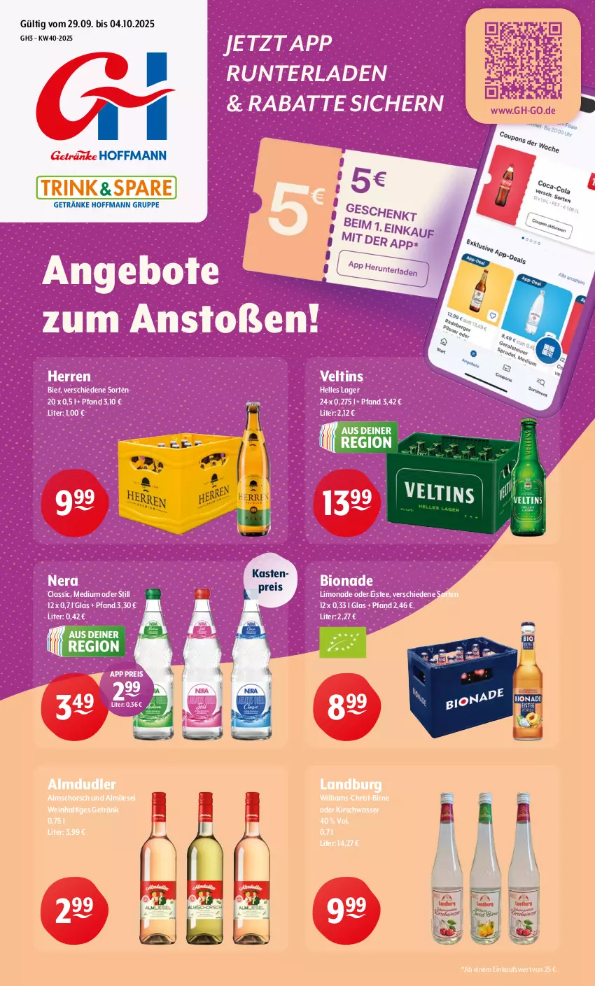 Aktueller Prospekt Getraenke Hoffmann - Prospekte - von 29.09 bis 04.10.2025 - strona 1 - produkty: almdudler, angebot, angebote, bier, bio, bionade, eis, eistee, elle, getränk, kirsch, limo, limonade, reis, tee, Ti, veltins, wasser, wein