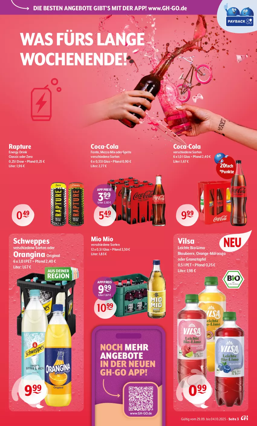 Aktueller Prospekt Getraenke Hoffmann - Prospekte - von 29.09 bis 04.10.2025 - strona 3 - produkty: angebot, angebote, apfel, beere, bio, Blaubeer, blaubeere, coca-cola, cola, drink, eis, energy drink, fanta, gin, grana, granatapfel, limo, maracuja, Mezzo Mix, Mio Mio, oder sprite, orange, orangina, Rana, reis, schweppes, sprite, Ti, vilsa