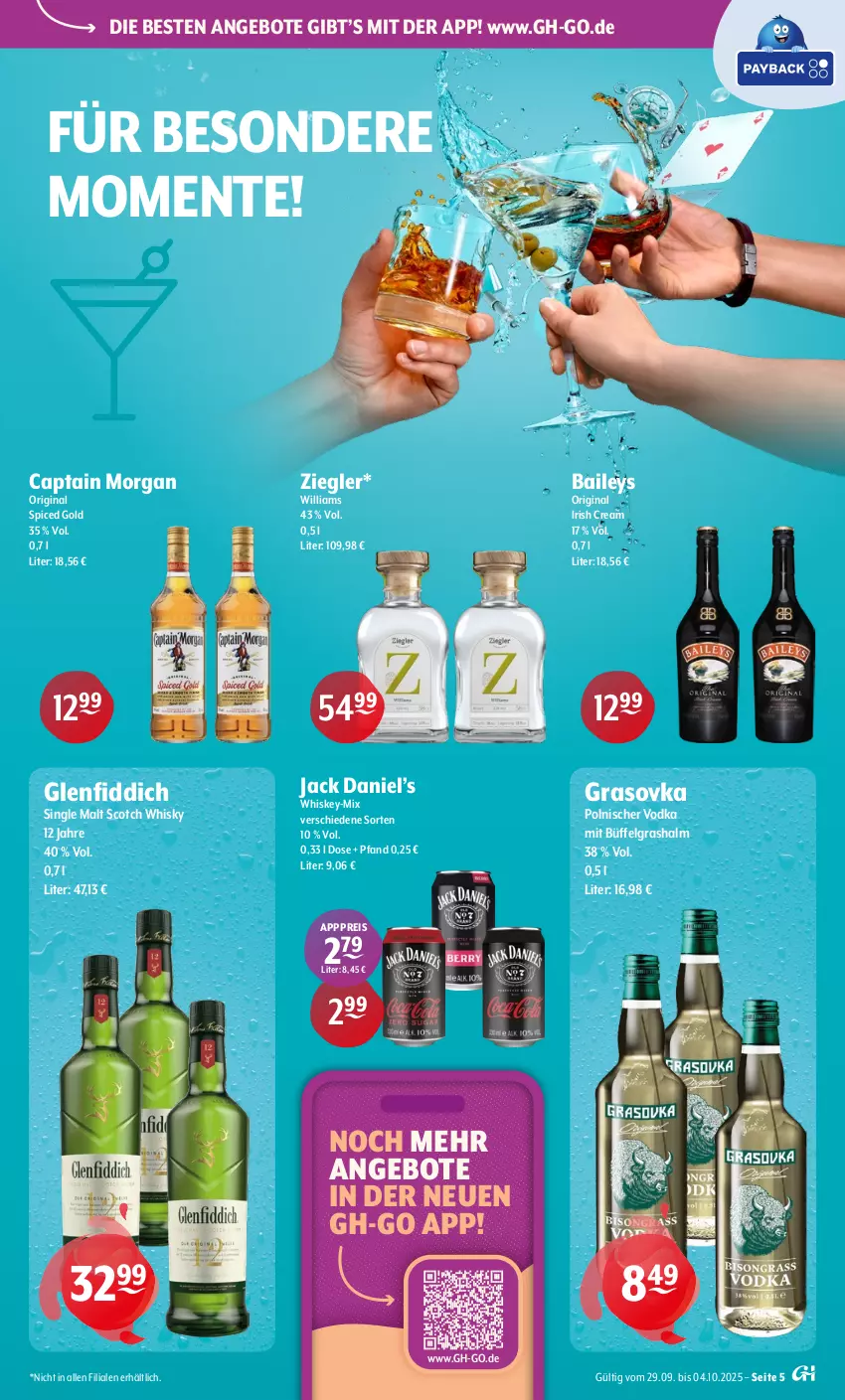 Aktueller Prospekt Getraenke Hoffmann - Prospekte - von 29.09 bis 04.10.2025 - strona 5 - produkty: angebot, angebote, baileys, Cap, captain morgan, eis, ente, gin, irish cream, jack daniel, Jack Daniel’s, LG, original spiced gold, reis, scotch, scotch whisky, single malt, Ti, vodka, whiskey, whisky