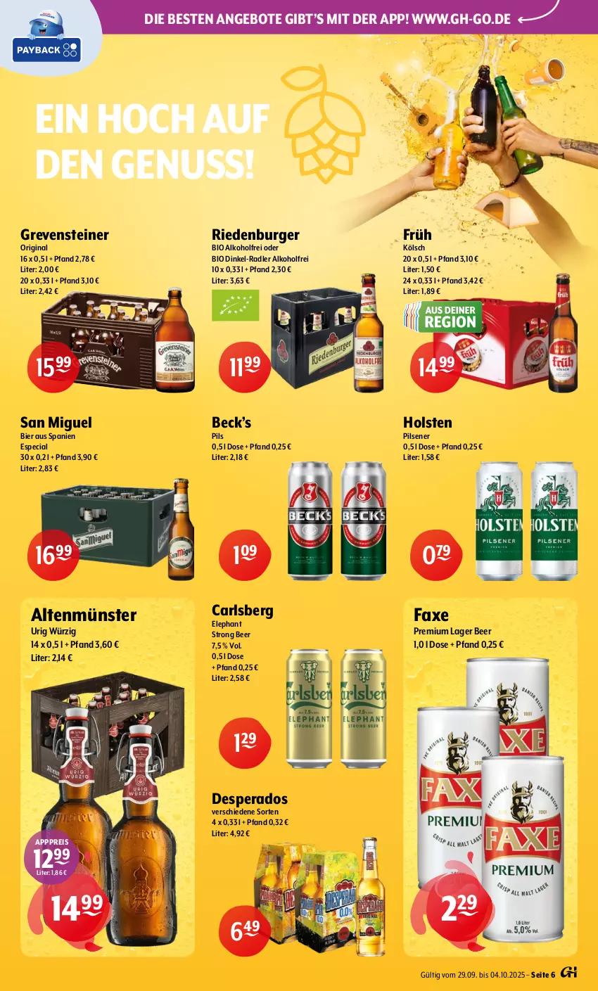 Aktueller Prospekt Getraenke Hoffmann - Prospekte - von 29.09 bis 04.10.2025 - strona 6 - produkty: alkohol, Altenmünster, angebot, angebote, axe, bier, bio, burger, carlsberg, desperados, eis, Früh Kölsch, gin, grevensteiner, holsten, holsten pilsener, nuss, pils, pilsener, radler, reis, steiner, Ti