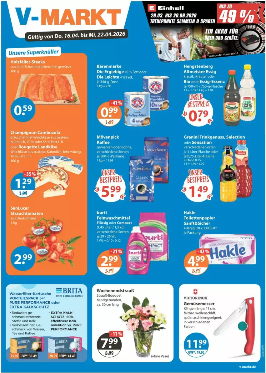 Aktueller Prospekt Vmarkt - Prospekte - von 16.04 bis 22.04.2026 - strona 1 - produkty: bestpreis, cambozola, champignon, eis, elle, kaffee, Käse, mac, messer, milch, Rauch, reis, spülmaschinen, strauchtomaten, tee, Ti, tomate, tomaten, Vase, wasser, wasserfilter, weichkäse