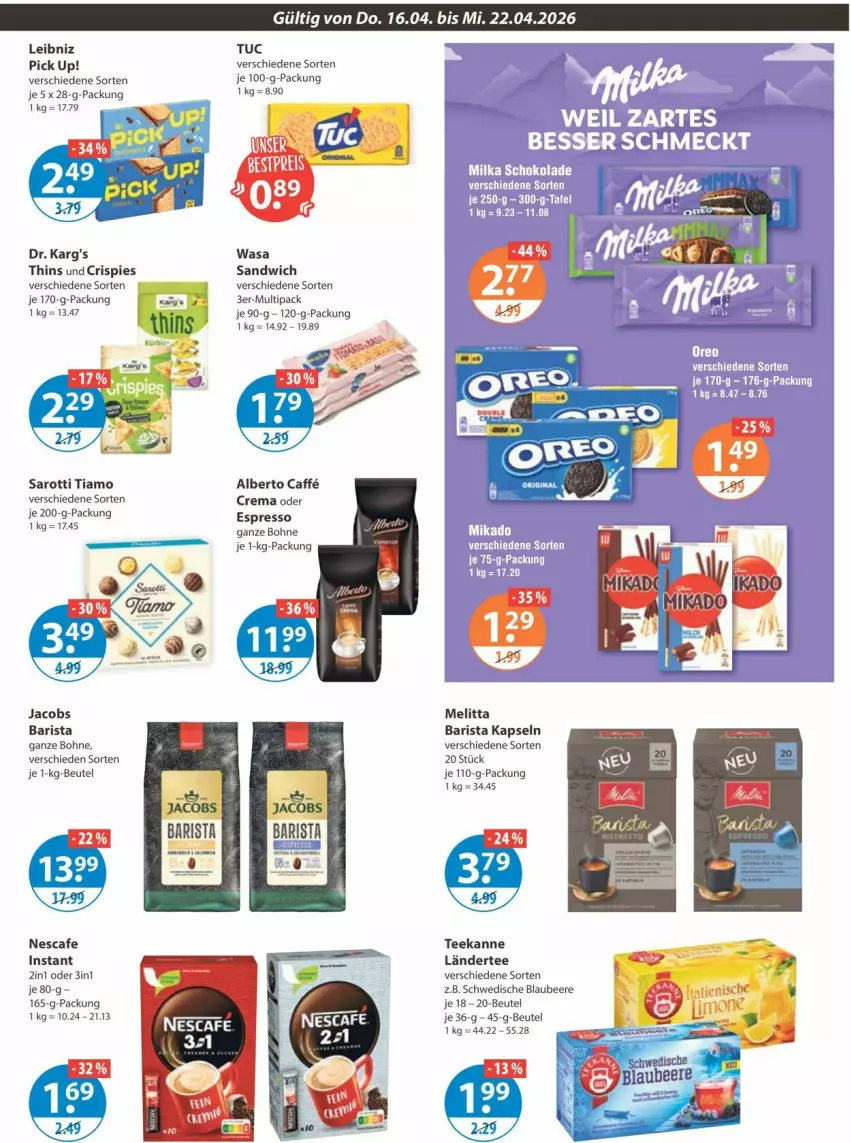 Aktueller Prospekt Vmarkt - Prospekte - von 16.04 bis 22.04.2026 - strona 11 - produkty: beere, beutel, Blaubeer, blaubeere, bohne, caffe, espresso, jacobs, jbl, Ländertee, leibniz, melitta, nescafe, Pick Up!, sandwich, saro, sarotti, tee, teekanne, Ti, tuc, wasa