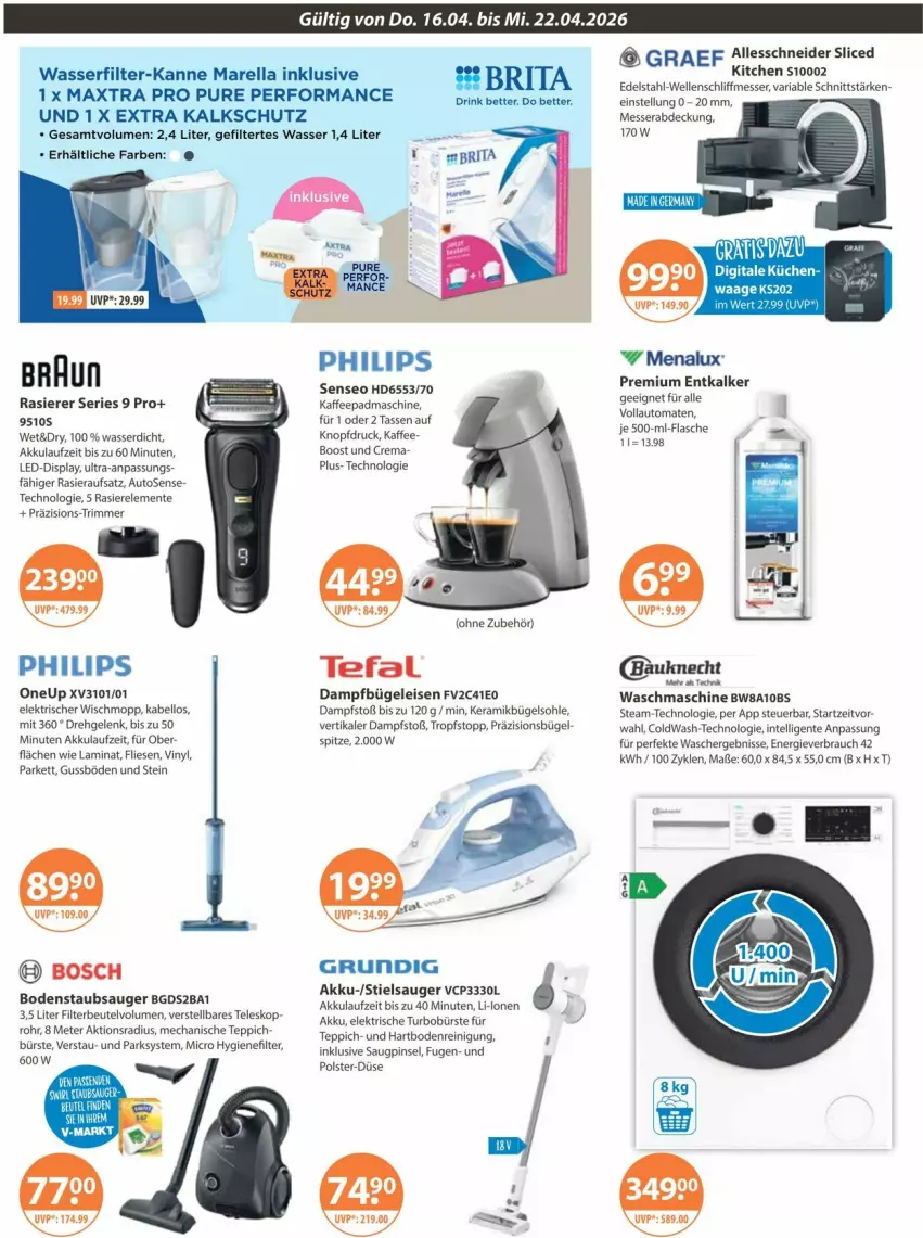 Aktueller Prospekt Vmarkt - Prospekte - von 16.04 bis 22.04.2026 - strona 18 - produkty: akku, auto, Bau, bauknecht, bett, beutel, bodenstaubsauger, bosch, brita, bügel, Bügeleisen, bürste, dampfbügeleisen, drink, edelstahl, eis, elle, ente, entkalker, flasche, grundig, hygienefilter, Intel, kaffee, küche, Küchen, laminat, Maxtra, menalux, messer, Philips, Pinsel, rasierer, Rauch, Reinigung, rel, Ria, senseo, staubsauger, Stielsauger, tasse, tefal, Teleskop, teppich, Ti, tomate, tomaten, vollautomaten, waschmaschine, wasser, wasserfilter, Wischmopp