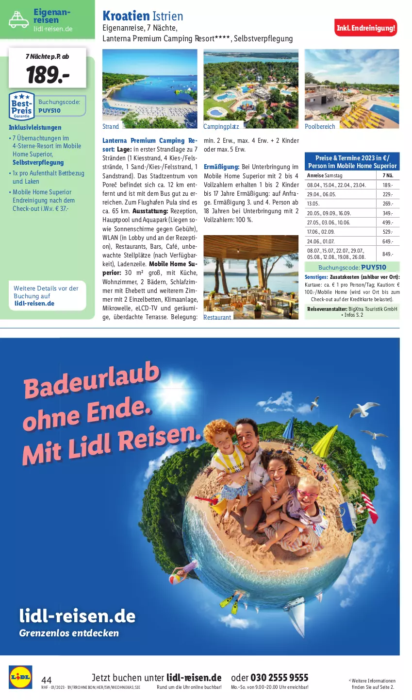 Aktueller Prospekt Lidl - Monatliche Reise-Highlights - von 28.12.2022 bis 31.01.2023 - strona 44 - produkty: aqua, axe, Bad, bett, Betten, buch, decke, eis, elle, inklusivleistungen, Kinder, küche, kurtaxe, Liege, mac, mikrowelle, pool, Reinigung, reis, reiseveranstalter, rezept, ring, rum, schirme, sonnenschirm, Ti, uhr