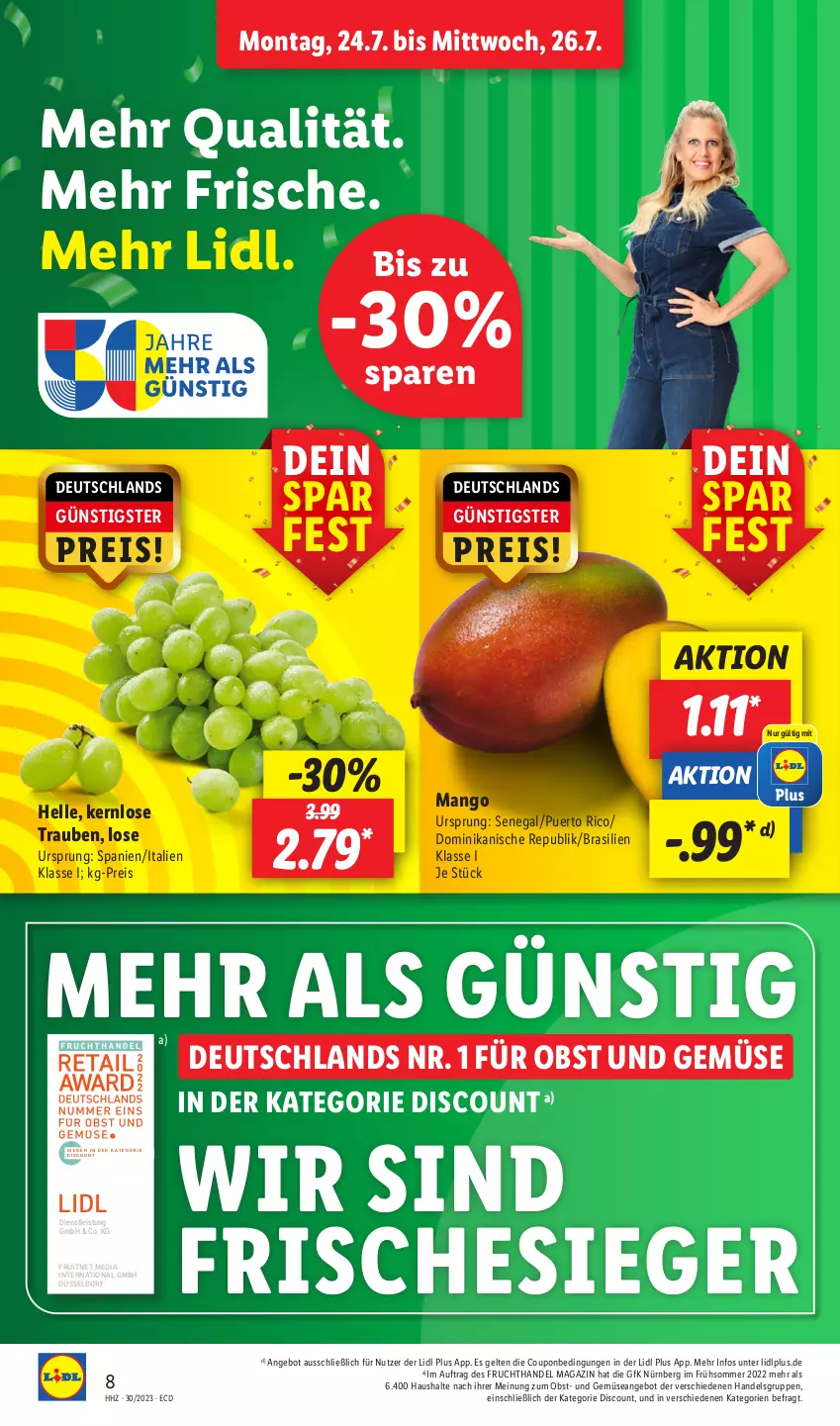 Aktueller Prospekt Lidl - Aktionsprospekt - von 24.07 bis 29.07.2023 - strona 14 - produkty: angebot, coupon, discount, eis, elle, ente, frucht, magazin, mango, obst, Obst und Gemüse, reis, Ti, trauben, und gemüse