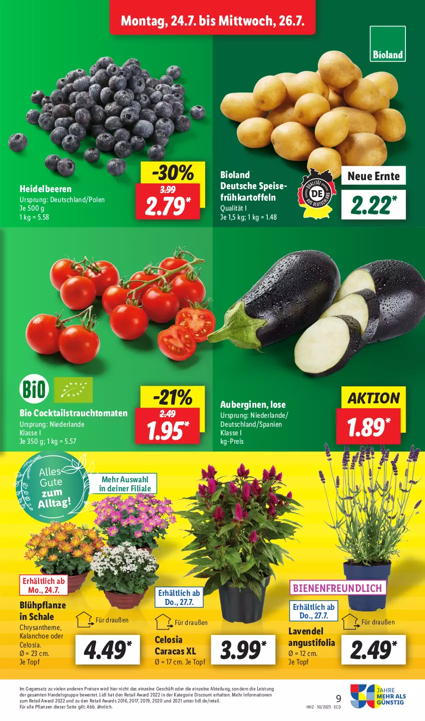 Aktueller Prospekt Lidl - Aktionsprospekt - von 24.07 bis 29.07.2023 - strona 15 - produkty: Abtei, aubergine, auberginen, beere, beeren, bio, bioland, cocktail, cocktails, discount, eis, Frühkartoffeln, gin, heidelbeere, heidelbeeren, HP, Kalanchoe, kartoffel, kartoffeln, lavendel, pflanze, pflanzen, Rauch, reis, Schal, Schale, speisefrühkartoffeln, strauchtomaten, Ti, tomate, tomaten, topf