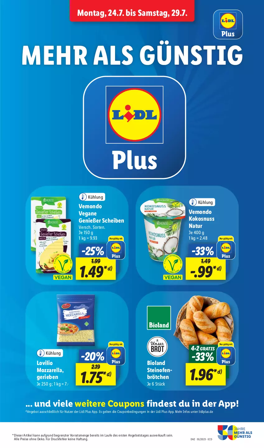 Aktueller Prospekt Lidl - Aktionsprospekt - von 24.07 bis 29.07.2023 - strona 23 - produkty: angebot, bio, bioland, brot, brötchen, coupon, coupons, eis, kokos, kokosnuss, mozzarella, natur, nuss, Ofen, reis, rel, steinofen, Ti, ZTE