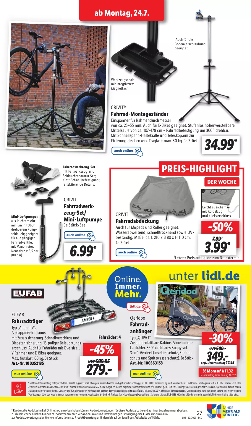 Aktueller Prospekt Lidl - Aktionsprospekt - von 24.07 bis 29.07.2023 - strona 39 - produkty: Amber, Anhänger, beleuchtung, Buggy, crivit, E-Bike, E-Bikes, eis, elle, erde, eufab, Fahrrad, insektenschutz, laufräder, messer, ndk, reis, Roller, Schal, Schale, schlauch, sekt, sonnenschutz, Teleskop, Ti, Tiere, wasser, weck, werkzeug, ZTE