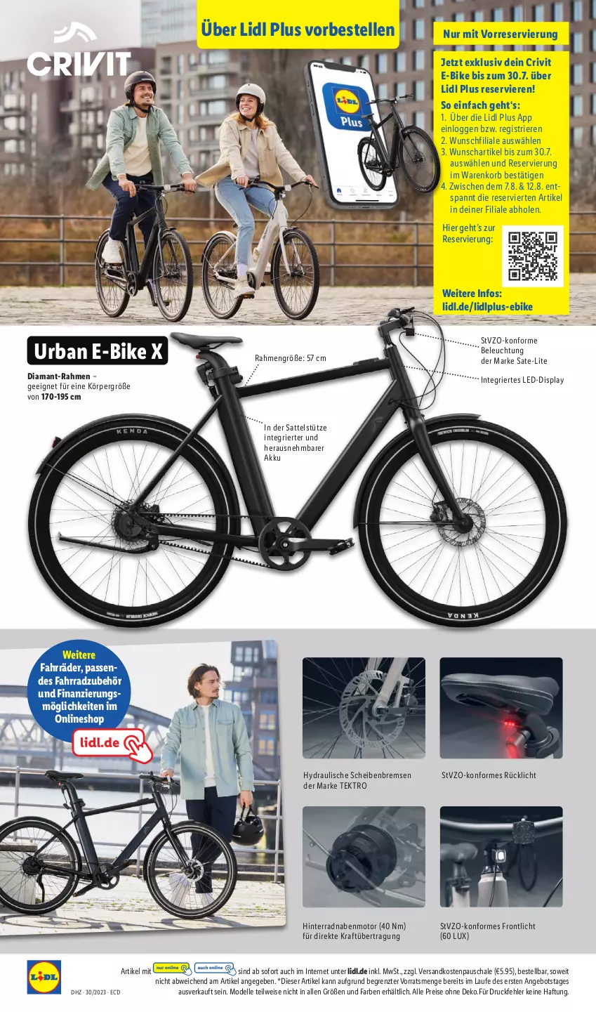 Aktueller Prospekt Lidl - Aktionsprospekt - von 24.07 bis 29.07.2023 - strona 40 - produkty: akku, angebot, beleuchtung, crivit, dell, E-Bike, eis, elle, Fahrrad, korb, kraft, Mode, ndk, reis, rücklicht, sattel, sattelstütze, Schal, Schale, Ti, ZTE