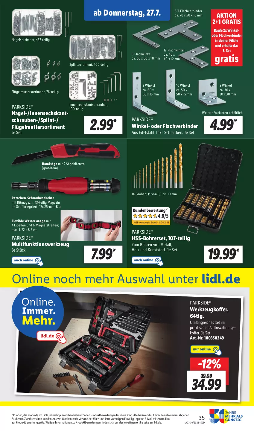 Aktueller Prospekt Lidl - Aktionsprospekt - von 24.07 bis 29.07.2023 - strona 49 - produkty: aufbewahrungskoffer, Bohrerset, edelstahl, elle, Holz, koffer, LG, magazin, Magnets, Parkside, reifen, Ria, säge, schrauben, Schraubendreher, Ti, tisch, Waage, wasser, weck, werkzeug