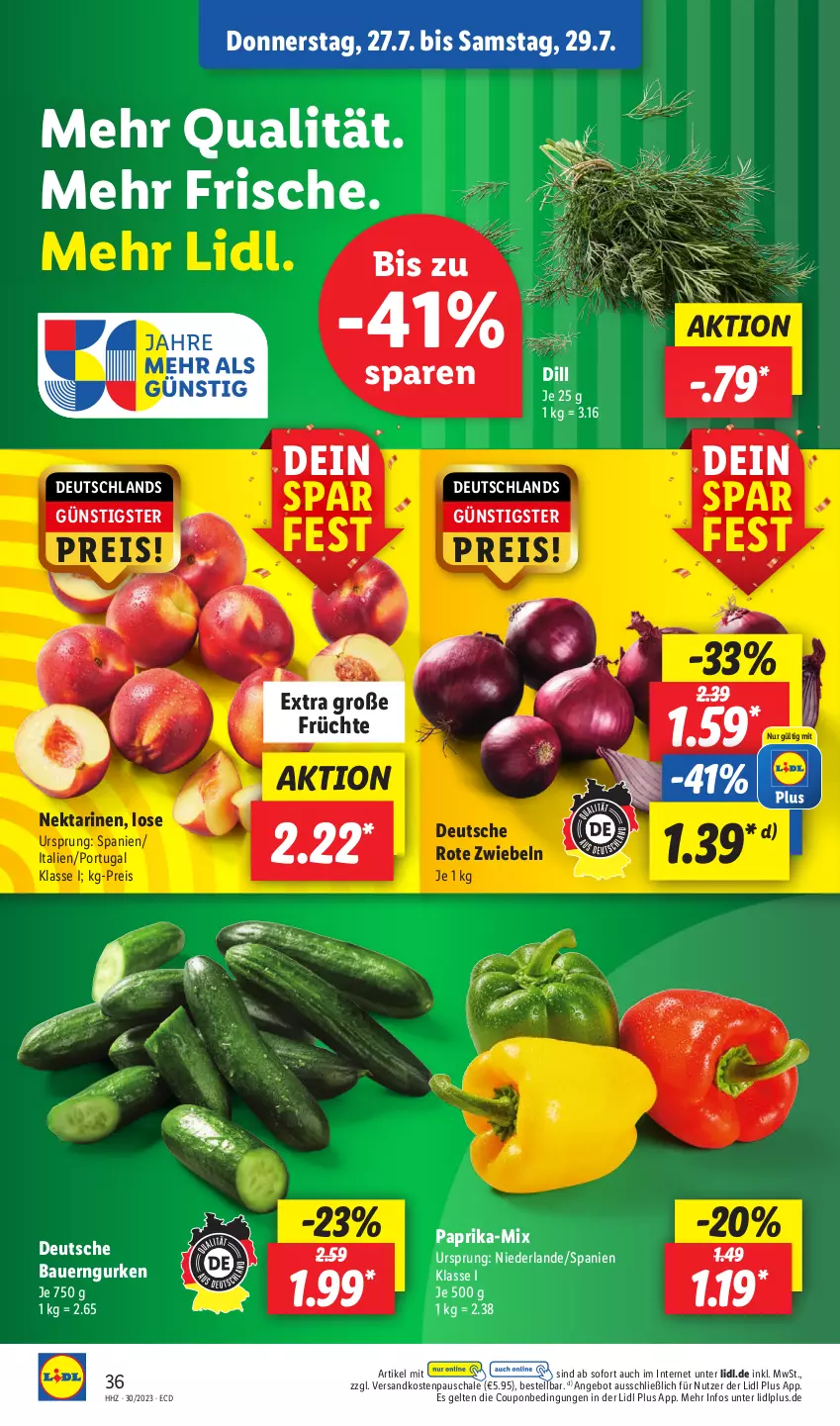 Aktueller Prospekt Lidl - Aktionsprospekt - von 24.07 bis 29.07.2023 - strona 50 - produkty: angebot, auer, Bau, Bauer, coupon, eis, früchte, gurke, gurken, ndk, Nektar, nektarinen, paprika, reis, Rote Zwiebel, Schal, Schale, Ti, zwiebel, zwiebeln