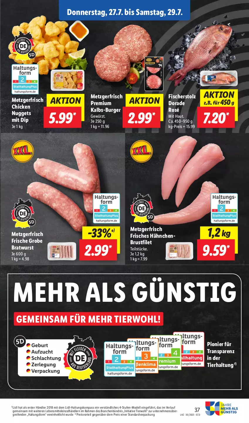 Aktueller Prospekt Lidl - Aktionsprospekt - von 24.07 bis 29.07.2023 - strona 51 - produkty: bratwurst, brustfilet, burger, chicken nuggets, dell, dip, Dorade, eis, filet, fisch, fische, Fischer, gewürz, grobe bratwurst, hähnchenbrust, hähnchenbrustfilet, lebensmittel, Mode, nuggets, preisvorteil, reifen, reis, Ti, wurst