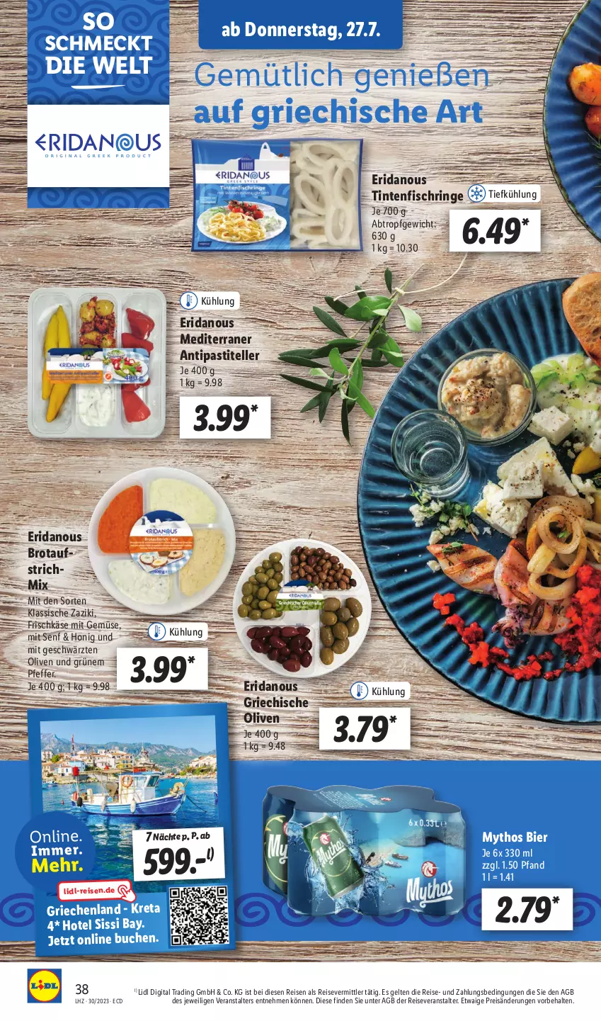 Aktueller Prospekt Lidl - Aktionsprospekt - von 24.07 bis 29.07.2023 - strona 52 - produkty: antipasti, asti, aufstrich, bier, brot, brotaufstrich, buch, eis, elle, fisch, frischkäse, honig, Käse, mit gemüse, Mythos, olive, oliven, pfeffer, reis, reiseveranstalter, ring, senf, teller, Ti, Tintenfischringe, zaziki, ZTE