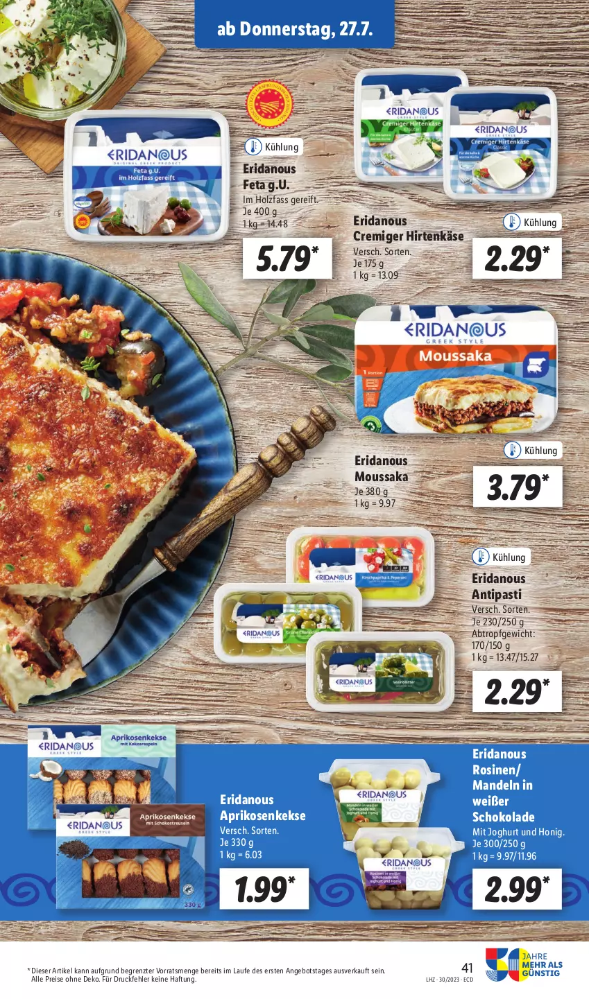 Aktueller Prospekt Lidl - Aktionsprospekt - von 24.07 bis 29.07.2023 - strona 55 - produkty: angebot, antipasti, aprikose, aprikosen, asti, eis, feta, hirtenkäse, Holz, honig, joghur, joghurt, Käse, keks, kekse, mandel, mandeln, Moussaka, reis, schoko, schokolade, Ti, ZTE