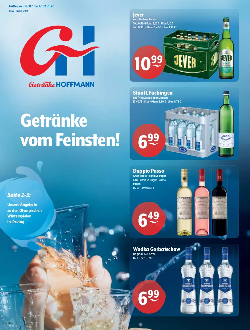 Aktueller Prospekt Getraenke Hoffmann - Prospekte - von 07.02 bis 12.02.2022 - strona 1 - produkty: angebot, angebote, doppio passo, getränk, getränke, gin, Gorbatschow, grill, grillo, jever, passo, primitivo, rosato, Spiele, Staatl. Fachingen, Ti, wasser, wodka