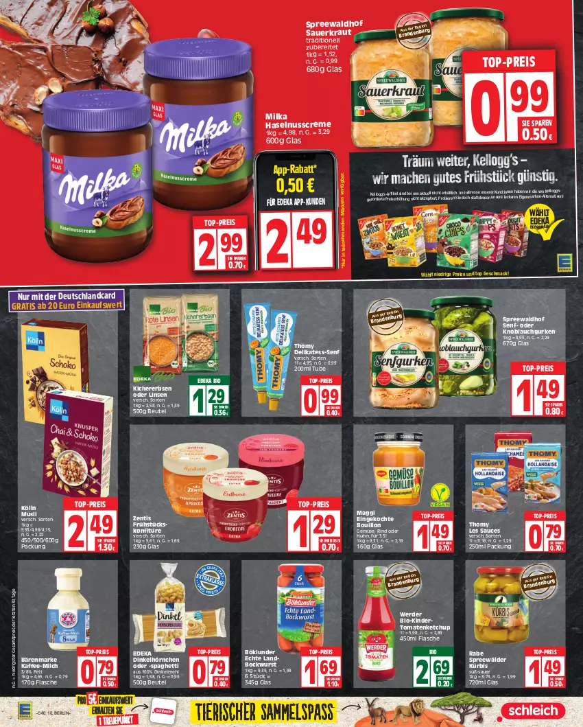 Aktueller Prospekt Edeka - Angebote der Woche - von 02.10 bis 07.10.2023 - strona 10 - produkty: auer, bärenmarke, beutel, bier, Biere, bio, bockwurst, böklunder, creme, deka, deutschlandcard, dinkelmehl, edeka bio, eis, erbsen, erde, flasche, gurke, gurken, haselnuss, Haselnusscreme, hörnchen, kaffee, Kellogg‘s, ketchup, kichererbsen, Kinder, knoblauch, kölln, konfitüre, Kraut, Kürbis, linsen, mac, maggi, mehl, milch, milka, müsli, nuss, reis, rind, sauce, Sauerkraut, senf, spaghetti, spreewälder, spreewaldhof, thomy, thomy les sauces, Ti, tomate, tomaten, tomatenketchup, top-preis, wurst, zentis, ZTE