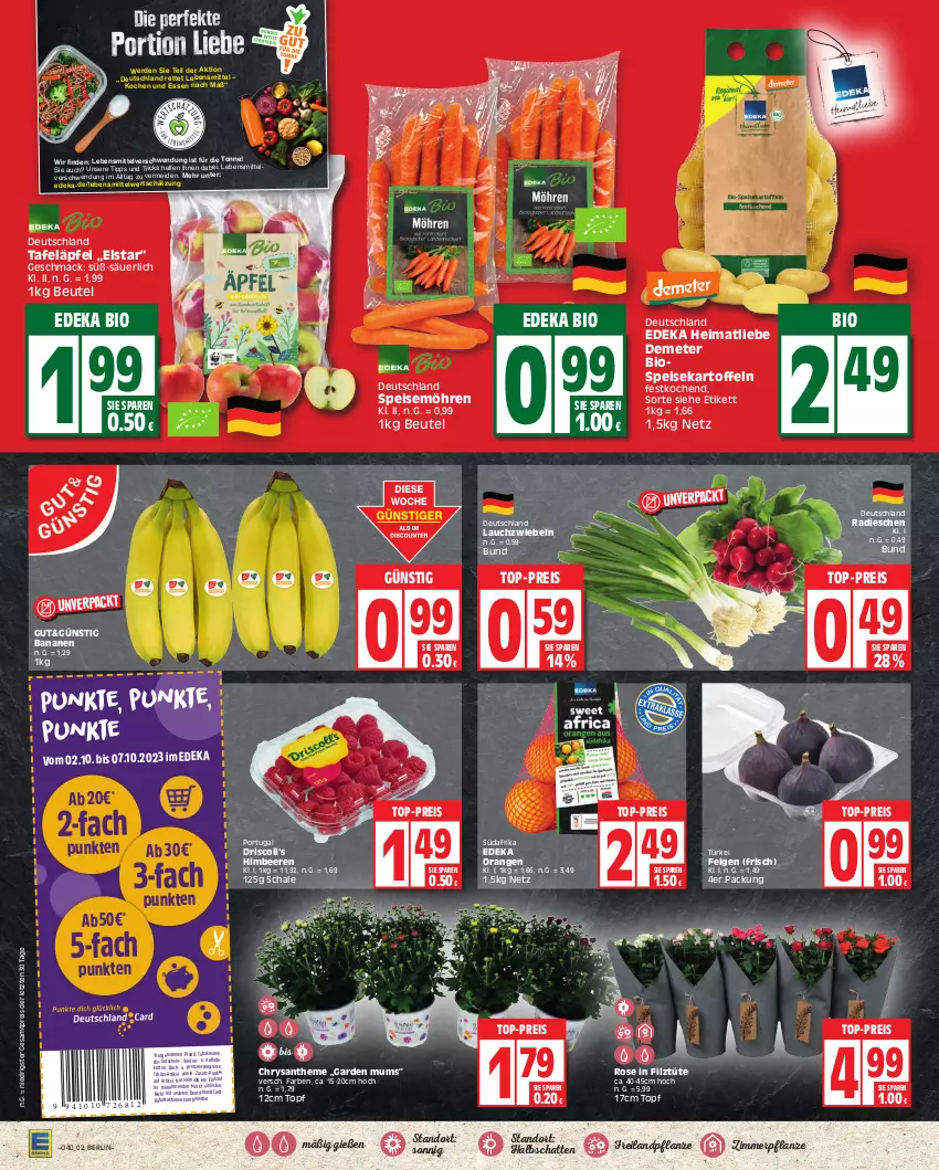 Aktueller Prospekt Edeka - Angebote der Woche - von 02.10 bis 07.10.2023 - strona 2 - produkty: banane, bananen, beere, beeren, beutel, bio, buch, deka, deutschlandcard, driscoll's, edeka bio, eis, erde, Feigen, gutschein, himbeer, himbeere, himbeeren, kartoffel, kartoffeln, Lauchzwiebel, lauchzwiebeln, lebensmittel, mac, möhren, orange, orangen, pflanze, radieschen, reis, Schal, Schale, speisekartoffeln, speisemöhren, tafeläpfel, Tchibo, telefon, Ti, top-preis, topf, Tüte, ZTE, zwiebel, zwiebeln