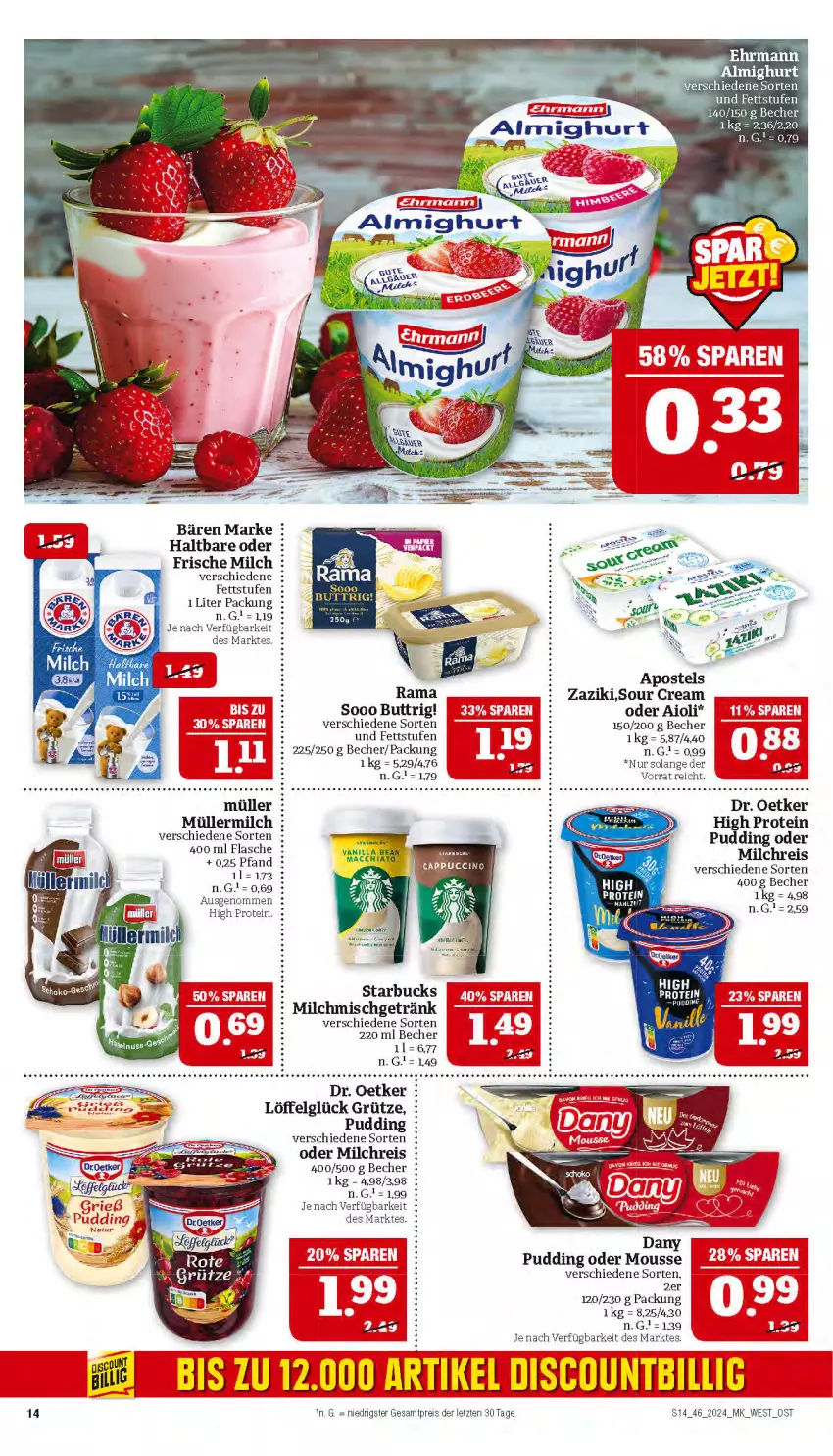 Aktueller Prospekt Marktkauf - Prospekt - von 10.11 bis 16.11.2024 - strona 14 - produkty: aioli, almighur, almighurt, apostels, Becher, Dany, Dr. Oetker, ehrmann, eis, flasche, frische milch, getränk, grütze, kerze, LG, Löffel, milch, milchreis, mousse, Müller, müllermilch, pudding, rama, reis, sour cream, starbucks, zaziki, ZTE