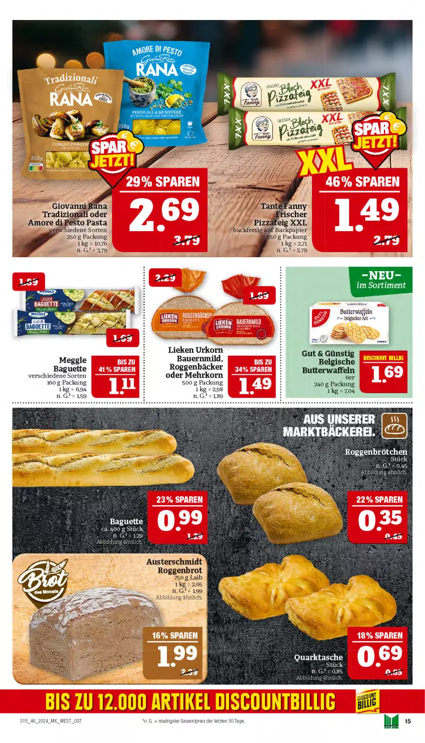 Aktueller Prospekt Marktkauf - Prospekt - von 10.11 bis 16.11.2024 - strona 15 - produkty: auer, aust, baguette, Bau, Bauer, brot, butter, discount, eis, korn, LG, lieken, meggle, papier, pasta, pesto, Rana, reis, Ti, waffeln, ZTE