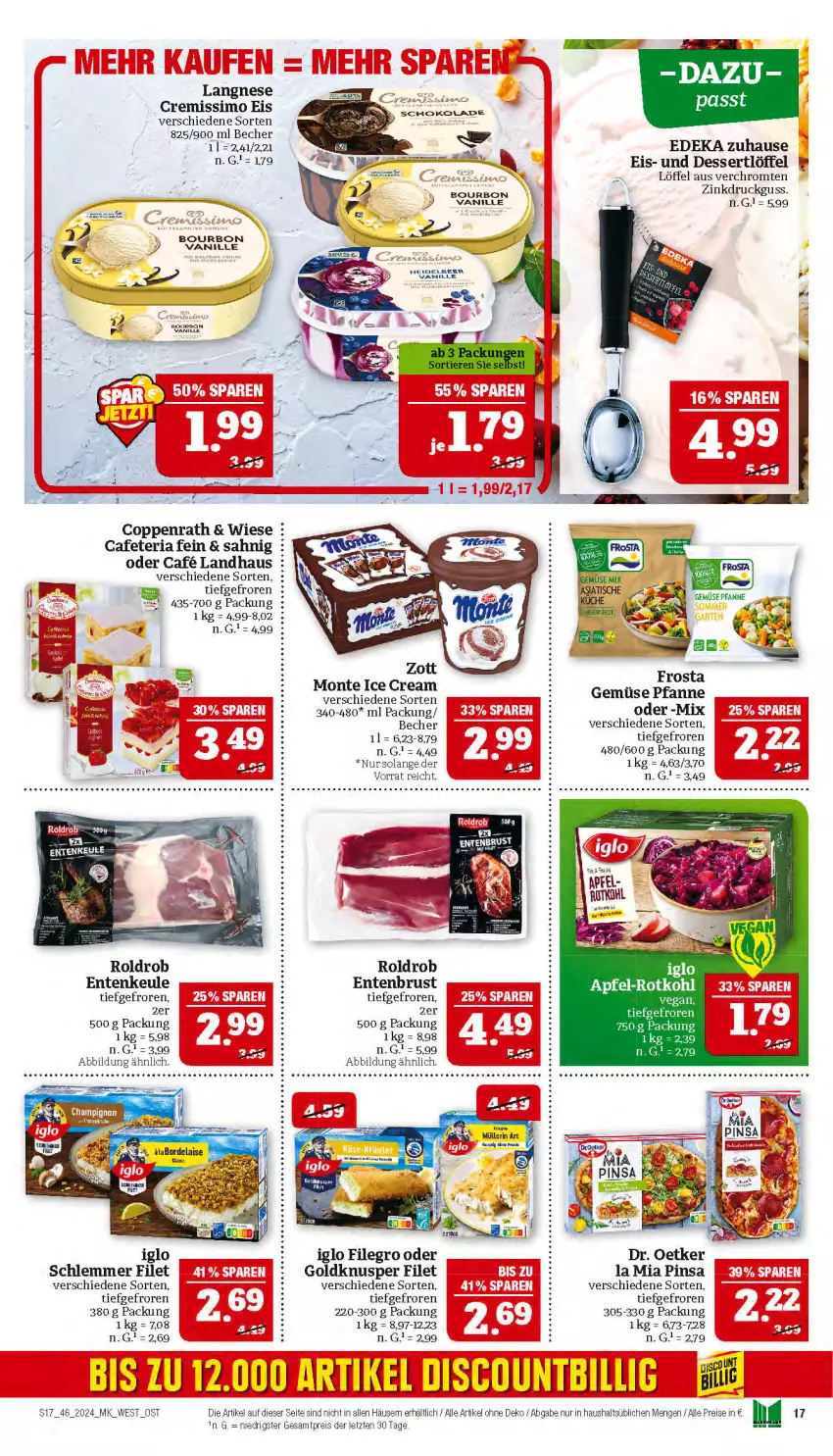 Aktueller Prospekt Marktkauf - Prospekt - von 10.11 bis 16.11.2024 - strona 17 - produkty: Becher, coppenrath, cremissimo, deka, dessert, Dr. Oetker, eis, ente, Entenbrust, Entenkeule, filegro, filet, frosta, iglo, langnese, langnese cremissimo, Löffel, monte, pfanne, reis, Ria, sim, Ti, ZTE