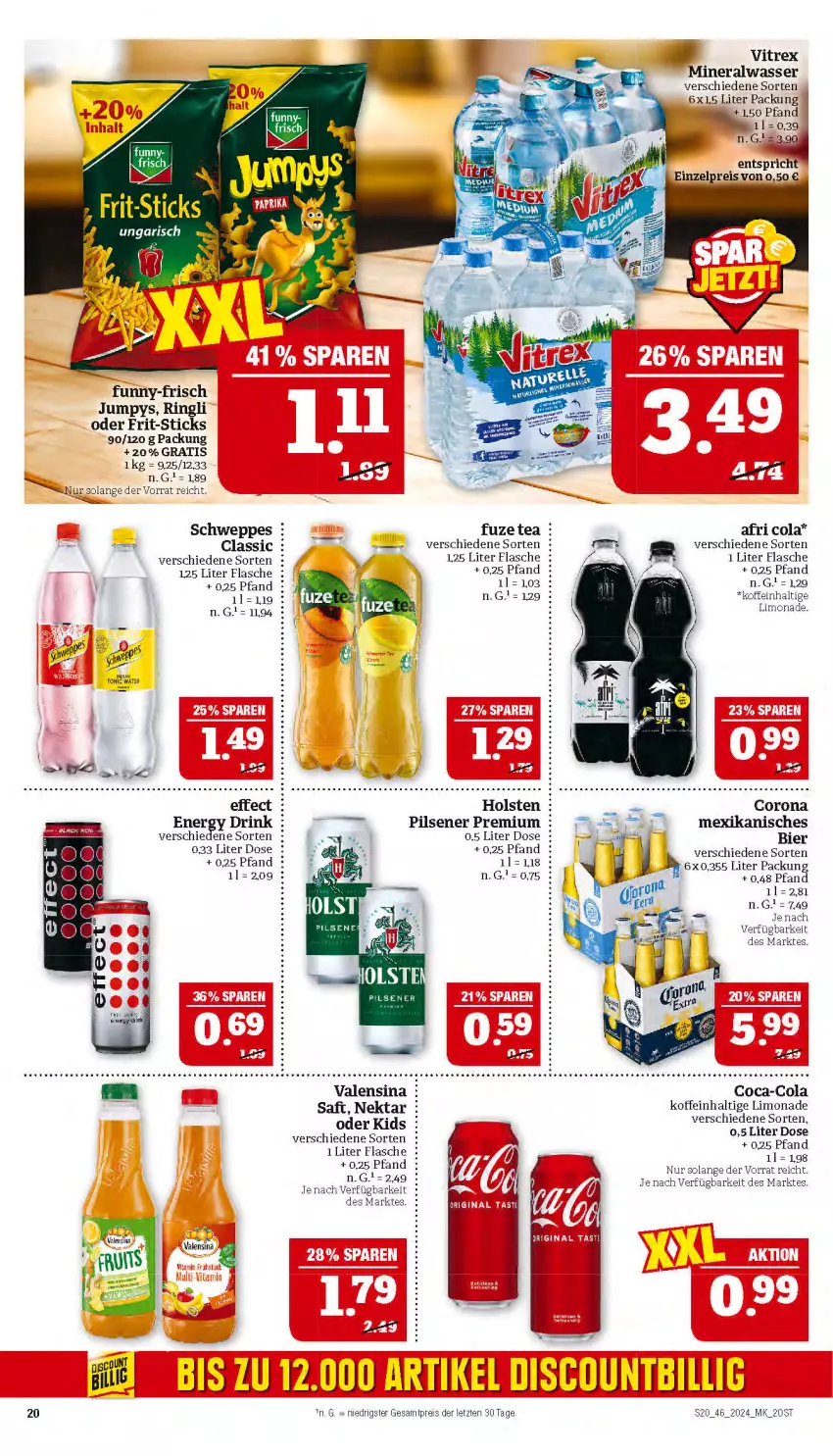 Aktueller Prospekt Marktkauf - Prospekt - von 10.11 bis 16.11.2024 - strona 20 - produkty: Afri Cola, Alwa, bier, coca-cola, cola, corona, discount, drink, Effect, eis, flasche, Frit-Sticks, funny-frisch, fuzetea, holsten, limo, limonade, mineralwasser, Nektar, pils, pilsener, reis, ring, saft, schweppes, Ti, valensina, vitrex, wasser, ZTE