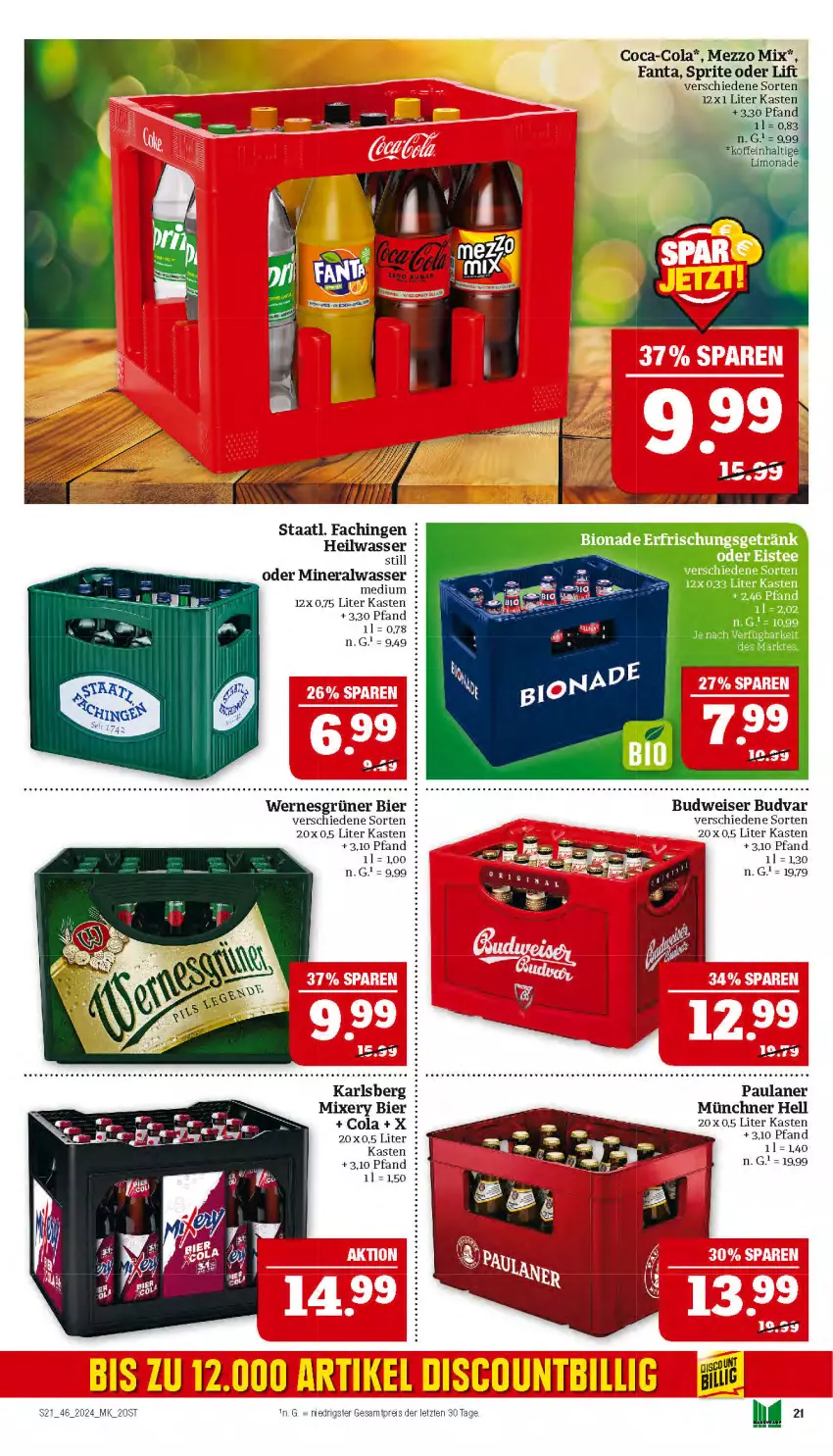 Aktueller Prospekt Marktkauf - Prospekt - von 10.11 bis 16.11.2024 - strona 21 - produkty: bier, bio, bionade, budweiser, coca-cola, cola, eis, erfrischungsgetränk, fanta, getränk, karlsberg, Mezzo Mix, Mixer, mixery, Paula, paulaner, reis, sprite, Staatl. Fachingen, Ti, ZTE