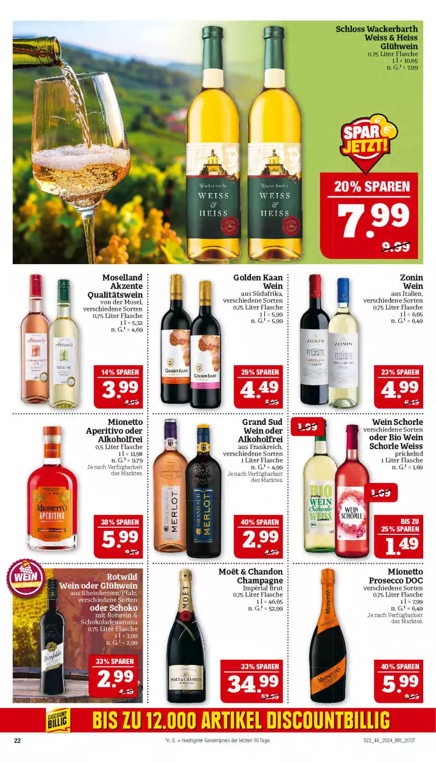 Aktueller Prospekt Marktkauf - Prospekt - von 10.11 bis 16.11.2024 - strona 22 - produkty: alkohol, bio, brut, champagne, discount, ecco, eis, ente, flasche, Glühwein, grand sud, merl, merlot, mionetto, moselland, prosecco, qualitätswein, reis, Ria, schorle, Ti, wein, zonin, ZTE