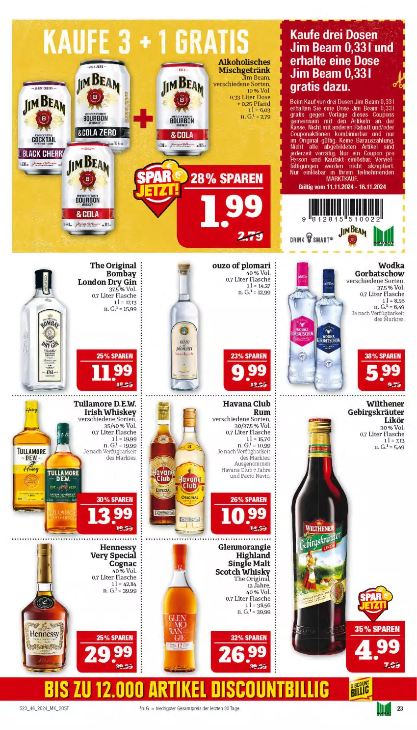 Aktueller Prospekt Marktkauf - Prospekt - von 10.11 bis 16.11.2024 - strona 23 - produkty: alkohol, Cognac, dry gin, eis, flasche, getränk, gin, Gorbatschow, Havana Club, irish whiskey, jim beam, kräuter, likör, london dry, london dry gin, ouzo, reis, rum, scotch, single malt, tee, tullamore, whiskey, wilthener, wodka, Yo, ZTE