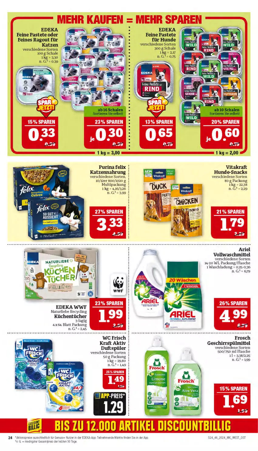 Aktueller Prospekt Marktkauf - Prospekt - von 10.11 bis 16.11.2024 - strona 24 - produkty: aktionspreis, ariel, Clin, deka, discount, eis, felix, flasche, Frosch, geschirr, geschirrspülmittel, katzennahrung, kraft, küche, Küchen, küchentücher, limo, natur, nuss, pastete, purina, Ragout, reis, Schal, Schale, snack, snacks, spülmittel, Ti, tücher, vita, vitakraft, vollwaschmittel, waschmittel, wc frisch, ZTE