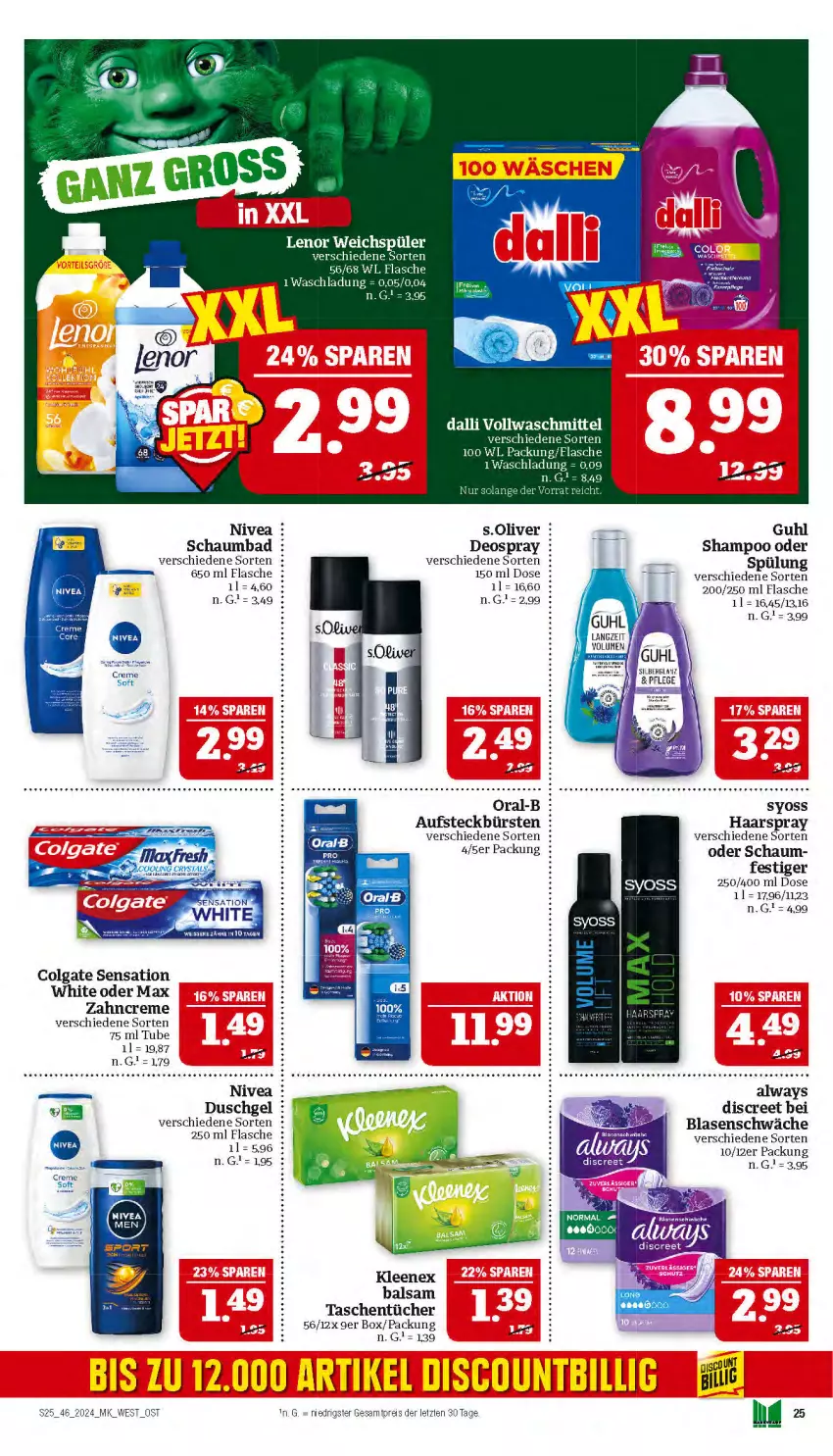 Aktueller Prospekt Marktkauf - Prospekt - von 10.11 bis 16.11.2024 - strona 25 - produkty: Alwa, Always, aufsteckbürsten, Bad, balsam, bürste, bürsten, colgate, creme, dalli, deo, deospray, Discreet, duschgel, eis, flasche, Guhl, haarspray, lenor, lenor weichspüler, LG, nivea, olive, oral-b, reis, s.oliver, schaumbad, shampoo, spülung, syoss, Tasche, taschen, taschentücher, Ti, tücher, vollwaschmittel, waschmittel, weichspüler, Yo, zahncreme, ZTE