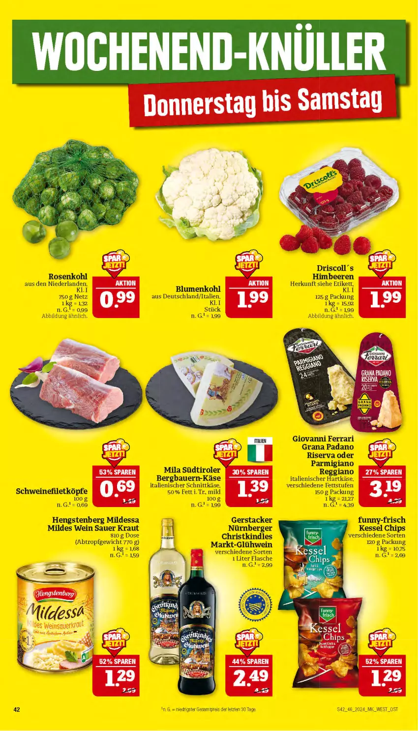 Aktueller Prospekt Marktkauf - Prospekt - von 10.11 bis 16.11.2024 - strona 42 - produkty: auer, Bau, Bauer, beere, beeren, Berger, blume, blumen, blumenkohl, chips, eis, filet, flasche, funny-frisch, Glühwein, grana, grana padano, hartkäse, hengstenberg, himbeer, himbeere, himbeeren, italienischer hartkäse, Käse, Kindle, Kraut, nürnberger, padano, parmigiano, Rana, reggiano, reis, riserva, rosen, Rosenkohl, schnittkäse, schwein, schweine, schweinefilet, südtiroler, Ti, wein, weine, ZTE