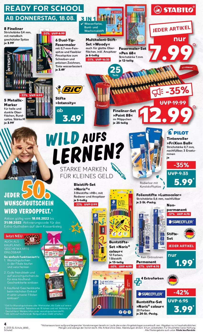 Aktueller Prospekt Kaufland - von 18.08 bis 31.08.2022 - strona 4 - produkty: angebot, angebote, ball, Bleistift, bleistifte, buntstifte, eis, elle, fasermaler, Fineliner, gutschein, gutscheine, latte, leine, Pinsel, Roller, stifte, Ti, wasser, ZTE