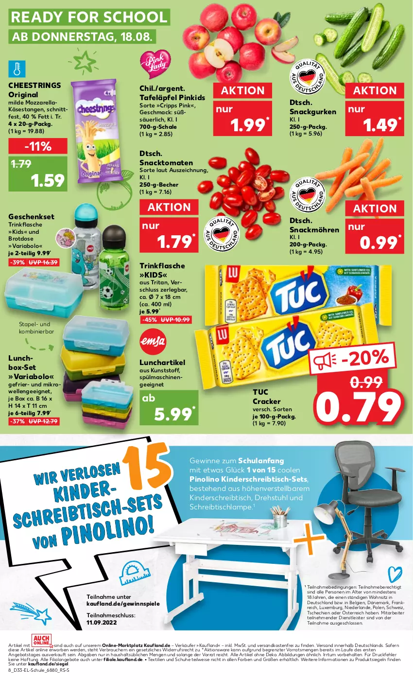 Aktueller Prospekt Kaufland - von 18.08 bis 31.08.2022 - strona 8 - produkty: angebot, angebote, Becher, brot, Brotdose, cracker, drehstuhl, eis, elle, erde, flasche, geschenkset, gewinnspiel, gin, gurke, gurken, Käse, Kinder, Lampe, LG, lunchbox, mac, mikrowelle, möhren, mozzarella, ndk, Rauch, rel, Ria, ring, Schal, Schale, schreibtisch, schuhe, snack, Spiele, spülmaschinen, String, stuhl, tafeläpfel, Ti, tisch, Tischlampe, tomate, tomaten, trinkflasche, tuc, versandkostenfrei, ZTE