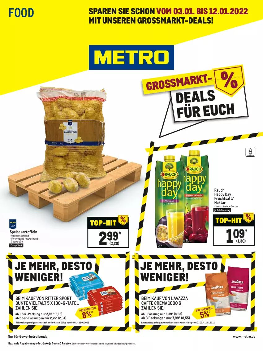 Aktueller Prospekt Metro - Food - von 03.01 bis 12.01.2022 - strona 1 - produkty: auto, caffè crema, eis, frucht, fruchtsaft, getränk, getränke, Happy Day, kartoffel, kartoffeln, lavazza, LG, Metro, Nektar, Palette, Rauch, reis, ritter, ritter sport, sac, saft, speisekartoffeln, Sport, Ti, tisch