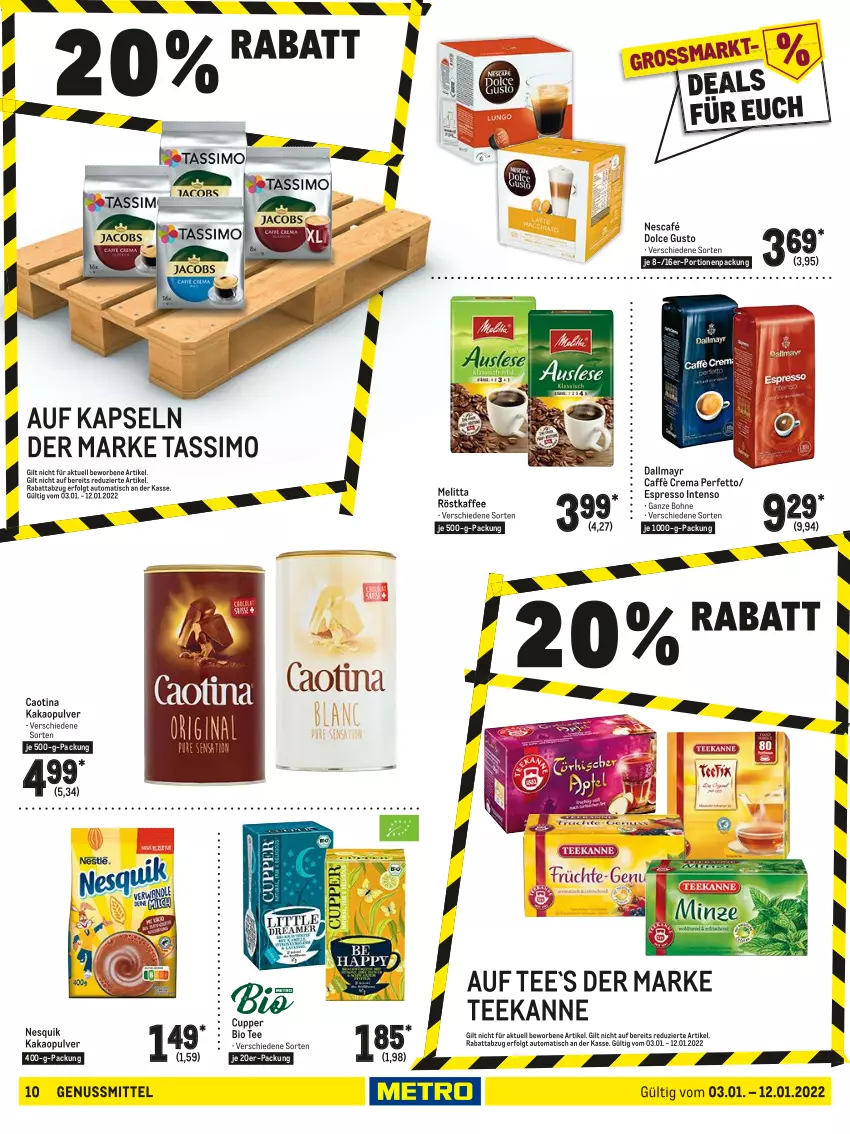 Aktueller Prospekt Metro - Food - von 03.01 bis 12.01.2022 - strona 10 - produkty: auto, bio, bohne, caffè crema, dallmayr, dolce gusto, espresso, intenso, kaffee, kakao, LG, melitta, Nescafé, nesquik, nuss, röstkaffee, sim, tassimo, tee, teekanne, Ti, tisch