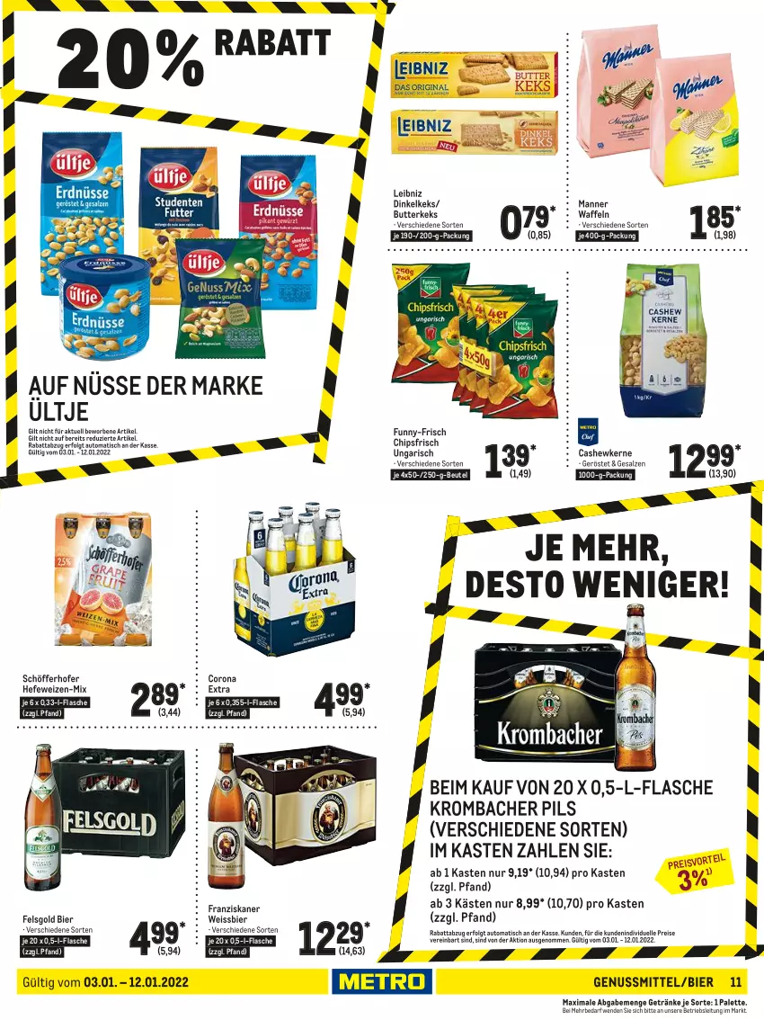 Aktueller Prospekt Metro - Food - von 03.01 bis 12.01.2022 - strona 11 - produkty: auto, beutel, bier, butter, butterkeks, Cashew, cashewkerne, chips, chipsfrisch, corona, corona extra, eis, elle, flasche, franziskaner, funny-frisch, getränk, getränke, Hefe, hefeweizen, keks, krombache, krombacher, krombacher pils, leibniz, LG, Manner, nuss, Palette, pils, reis, salz, schöfferhofer, Ti, tisch, ültje, waffeln, weissbier