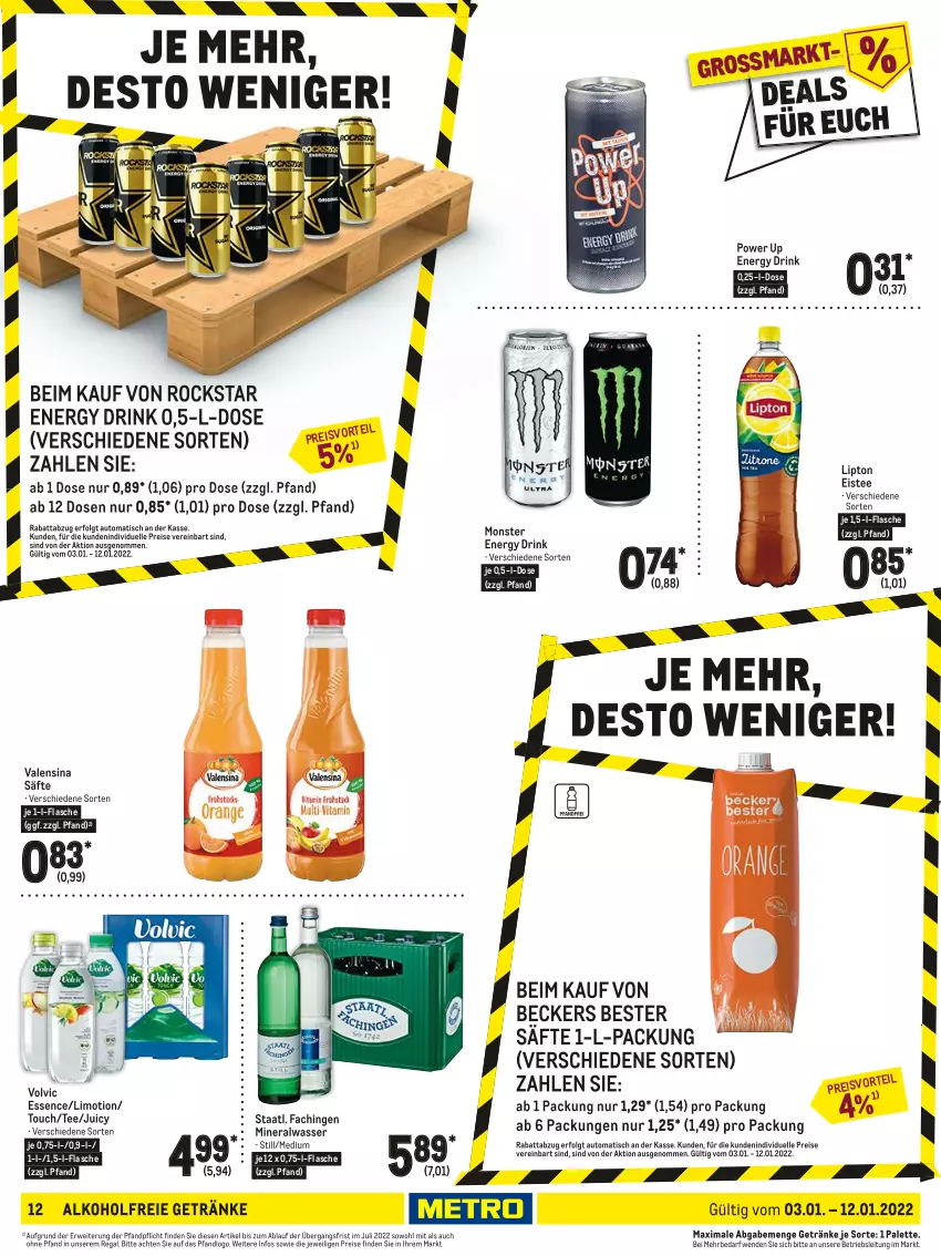 Aktueller Prospekt Metro - Food - von 03.01 bis 12.01.2022 - strona 12 - produkty: alkohol, alkoholfreie getränke, Alwa, auto, Beckers Bester, drink, eis, eistee, elle, energy drink, flasche, getränk, getränke, LG, limo, lipton, mineralwasser, monster, Monster Energy, Palette, regal, reis, Rockstar, rwe, säfte, Staatl. Fachingen, tee, Ti, tisch, valensina, volvic, wasser