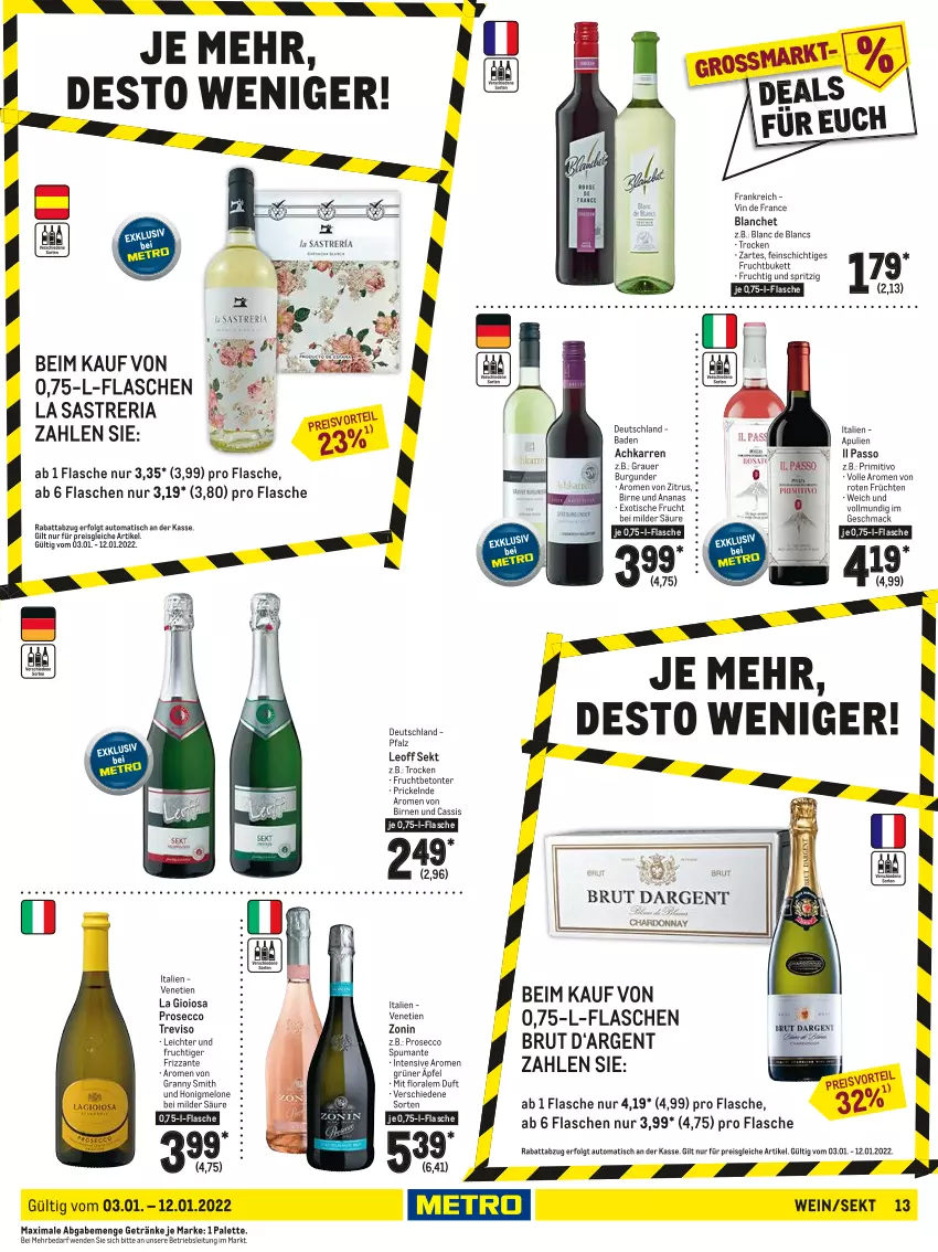 Aktueller Prospekt Metro - Food - von 03.01 bis 12.01.2022 - strona 13 - produkty: ananas, auer, auto, Bad, Birnen, brut, burgunder, cassis, de blancs, ecco, eis, flasche, frizzante, frucht, früchte, früchten, getränk, getränke, grauer burgunder, honig, honigmelone, La Gioiosa, LG, mac, melone, Palette, passo, primitivo, prosecco, puma, reis, Ria, sekt, spumante, Ti, tisch, vin de france, wein, zonin