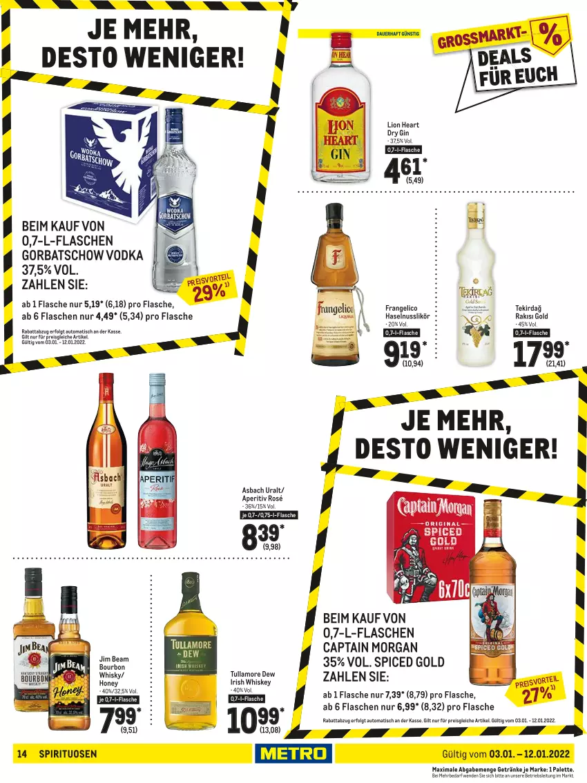 Aktueller Prospekt Metro - Food - von 03.01 bis 12.01.2022 - strona 14 - produkty: asbach uralt, auto, bourbon, Cap, captain morgan, dry gin, eis, flasche, frangelico, getränk, getränke, gin, Gorbatschow, haselnuss, irish whiskey, jim beam, LG, likör, lion, nuss, Palette, reis, spirituosen, Ti, tisch, tullamore, tullamore dew, vodka, whiskey, whisky