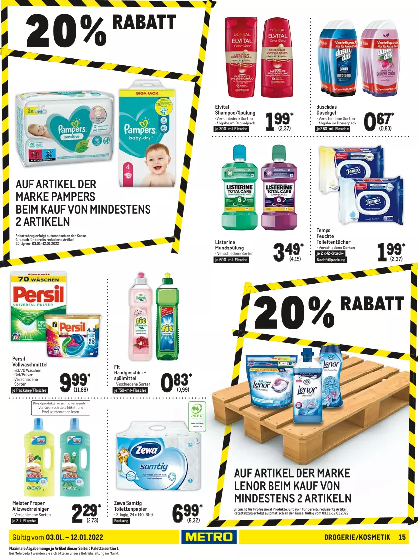 Aktueller Prospekt Metro - Food - von 03.01 bis 12.01.2022 - strona 15 - produkty: allzweckreiniger, auto, duschdas, duschgel, eier, eis, elvital, flasche, geschirr, geschirrspülmittel, kosmetik, lenor, LG, listerine, Meister, meister proper, mundspülung, Palette, pampers, papier, persil, reiniger, shampoo, spülmittel, spülung, Tempo, Ti, tisch, toilettenpapier, toilettentücher, tücher, vita, vollwaschmittel, waschmittel, weck, zewa