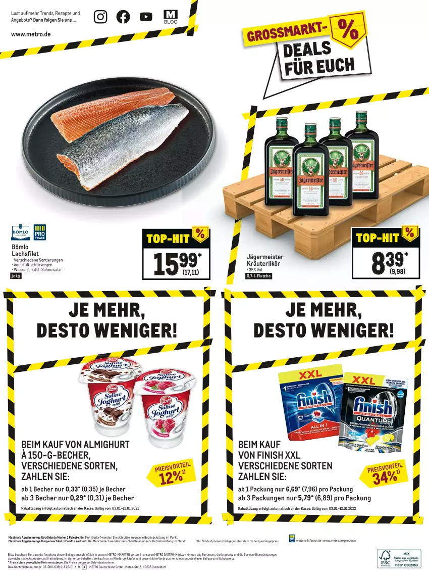 Aktueller Prospekt Metro - Food - von 03.01 bis 12.01.2022 - strona 16 - produkty: abholpreise, almighur, almighurt, angebot, angebote, aqua, auto, Becher, eis, filet, Finish, flasche, Germ, getränk, getränke, ilag, jägermeister, kräuter, kräuterlikör, lachs, lachsfilet, LG, likör, Meister, Metro, metro gastro, Palette, preisvorteil, Rauch, regal, reis, rezept, rezepte, rwe, Ti, tisch