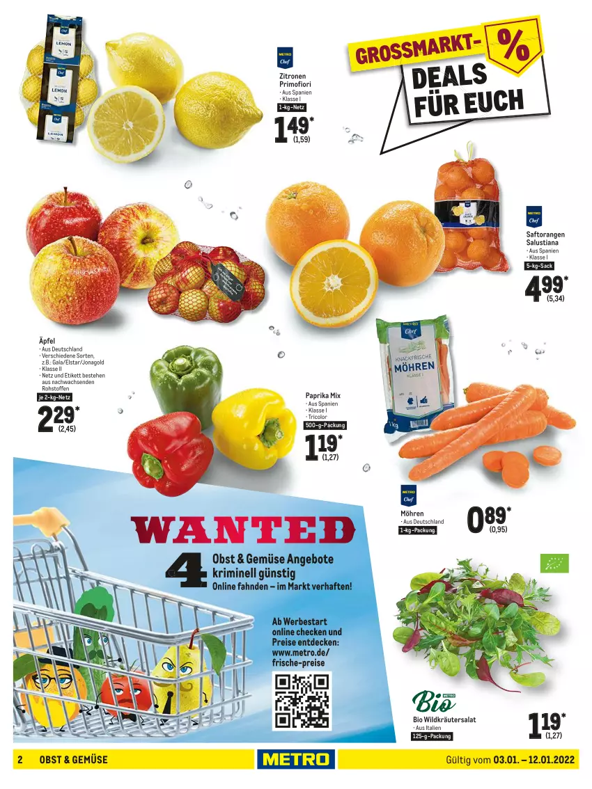 Aktueller Prospekt Metro - Food - von 03.01 bis 12.01.2022 - strona 2 - produkty: angebot, angebote, bio, decke, eis, kräuter, Lusti, Metro, möhren, obst, orange, orangen, paprika, paprika mix, reis, sac, saft, Saftorangen, salat, Salus, Ti, Wild, zitrone, zitronen