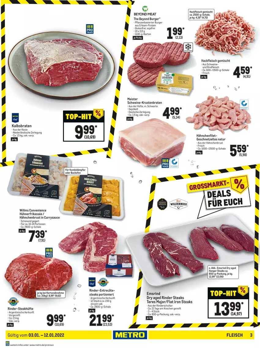 Aktueller Prospekt Metro - Food - von 03.01 bis 12.01.2022 - strona 3 - produkty: backofen, braten, burger, curry, eis, entrecôte, erbsen, filet, fleisch, geschnetzeltes, hackfleisch, hackfleisch gemischt, hähnchenbrust, hühner, krustenbraten, Meister, Metro, natur, nerf, Ofen, pflanze, pflanzen, rind, rinder, rindfleisch, sauce, Schal, Schale, schwein, schweine, soja, steak, steakhüfte, steaks, Ti, wein, weine, Yo, Zelt