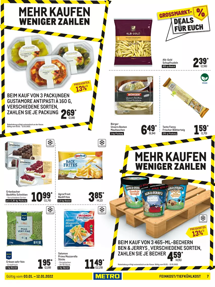 Aktueller Prospekt Metro - Food - von 03.01 bis 12.01.2022 - strona 7 - produkty: agrarfrost, antipasti, asti, auto, Becher, beutel, blätterteig, eis, erbsen, feinkost, geback, LG, maultaschen, mozzarella, nudel, nudeln, reis, rel, salomon, schnitten, tante fanny, Tasche, taschen, Ti, tiefkühlkost, tisch