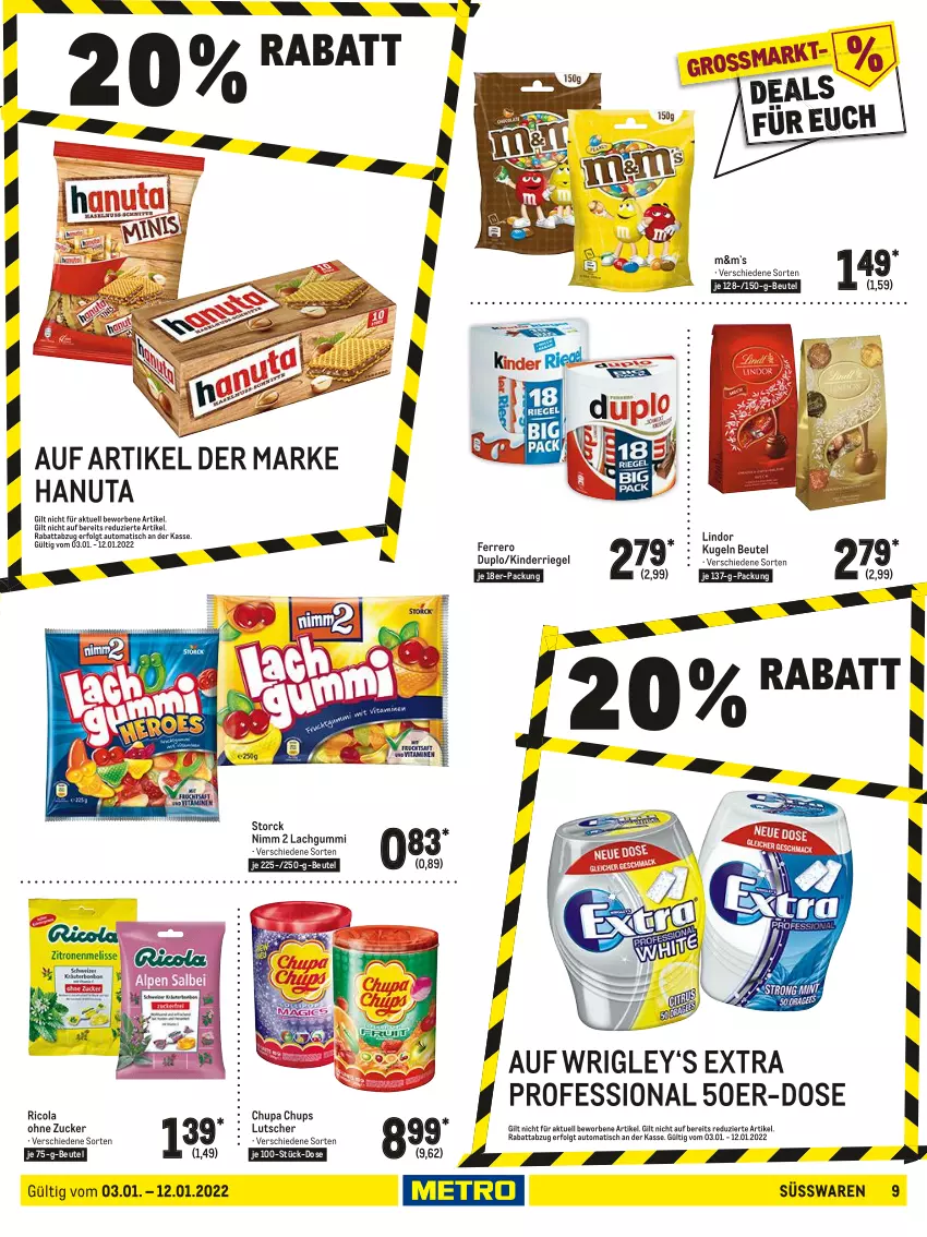 Aktueller Prospekt Metro - Food - von 03.01 bis 12.01.2022 - strona 9 - produkty: auto, beutel, chupa, chupa chups, cola, duplo, ferrero, hanuta, Kinder, Kugel, lachgummi, LG, lindor, Lutscher, Nimm 2, Ricola, riegel, storck, süsswaren, Ti, tisch, zucker