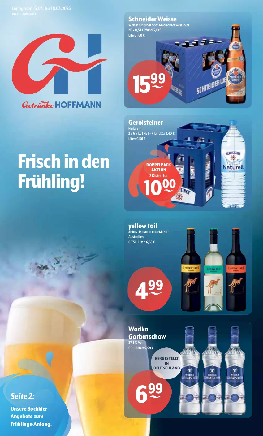 Aktueller Prospekt Getraenke Hoffmann - Prospekte - von 13.03 bis 18.03.2023 - strona 1 - produkty: alkohol, angebot, angebote, aust, bier, eis, gerolsteine, gerolsteiner, gin, Gorbatschow, merl, merlot, natur, rel, steiner, Ti, weissbier, wodka, yellow tail