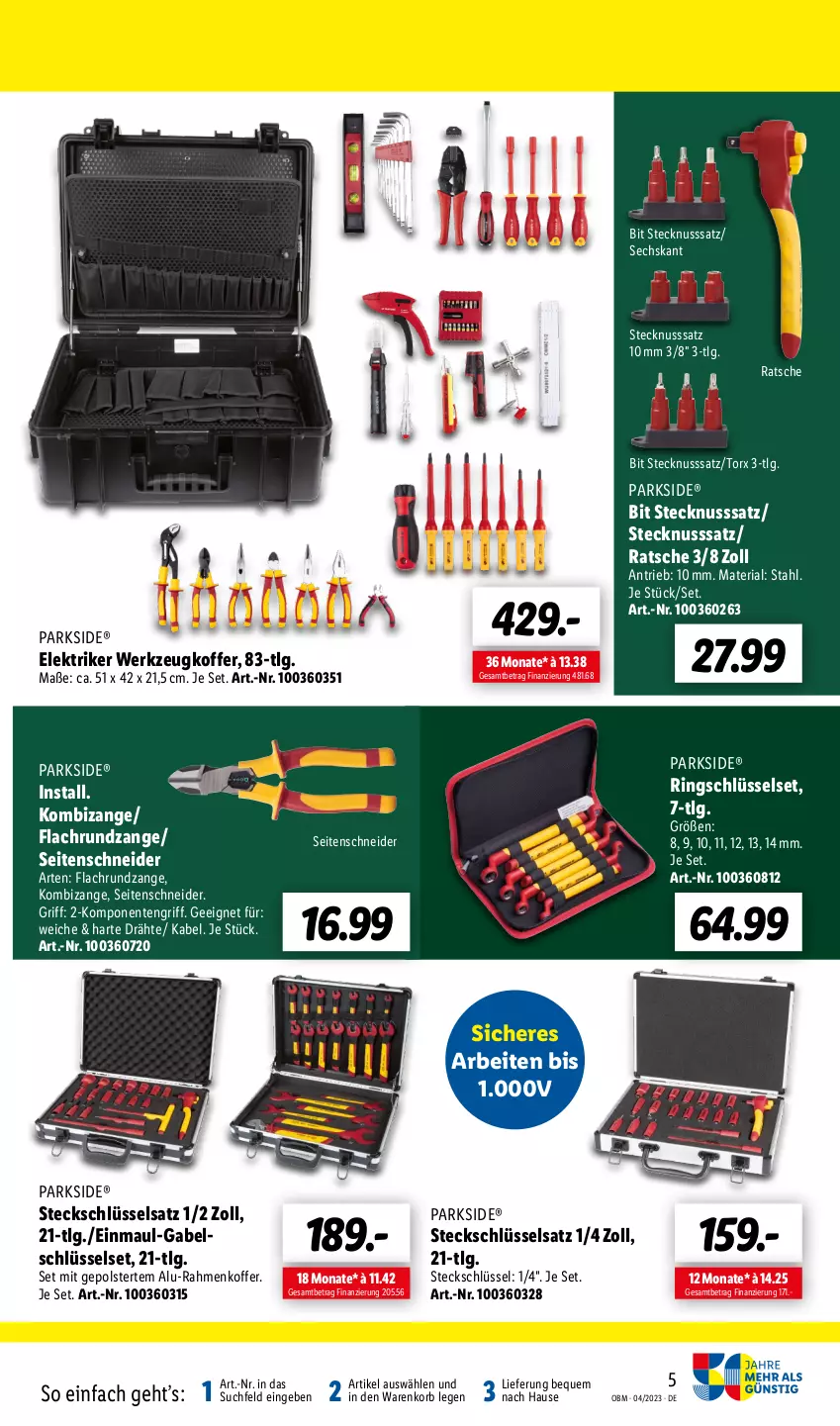 Aktueller Prospekt Lidl - Animierter HZ_4 - von 01.06 bis 31.12.2023 - strona 5 - produkty: auer, ente, gabel, koffer, Kombizange, korb, LG, nuss, Parkside, Ria, ring, Seitenschneide, Stecknusssatz, Steckschlüsselsatz, Ti, werkzeug