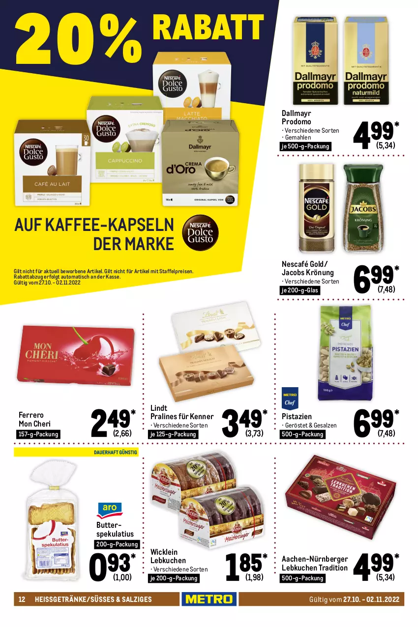 Aktueller Prospekt Metro - Food - von 27.10 bis 02.11.2022 - strona 12 - produkty: auto, Bad, beere, beeren, Berger, burgunder, butter, Butterspekulatius, cabernet, cabernet sauvignon, cassis, dallmayr, dallmayr prodomo, ecco, eis, entrecôte, ferrero, flasche, frucht, getränk, getränke, gewürz, grauburgunder, grill, holunder, jacobs, jacobs krönung, jules mumm, kaffee, kaffee-kapseln, kuchen, lamm, lammkeule, Lebkuchen, LG, lindt, merl, merlot, mumm, Nescafé, nescafé gold, nürnberger, Nürnberger Lebkuchen, Palette, pistazien, primitivo, prodomo, prosecco, puma, reis, Ria, salz, sauvignon, sekt, spätburgunder, spumante, Stachelbeeren, steak, steaks, Ti, tisch, top-hit, wein, WICK, zonin